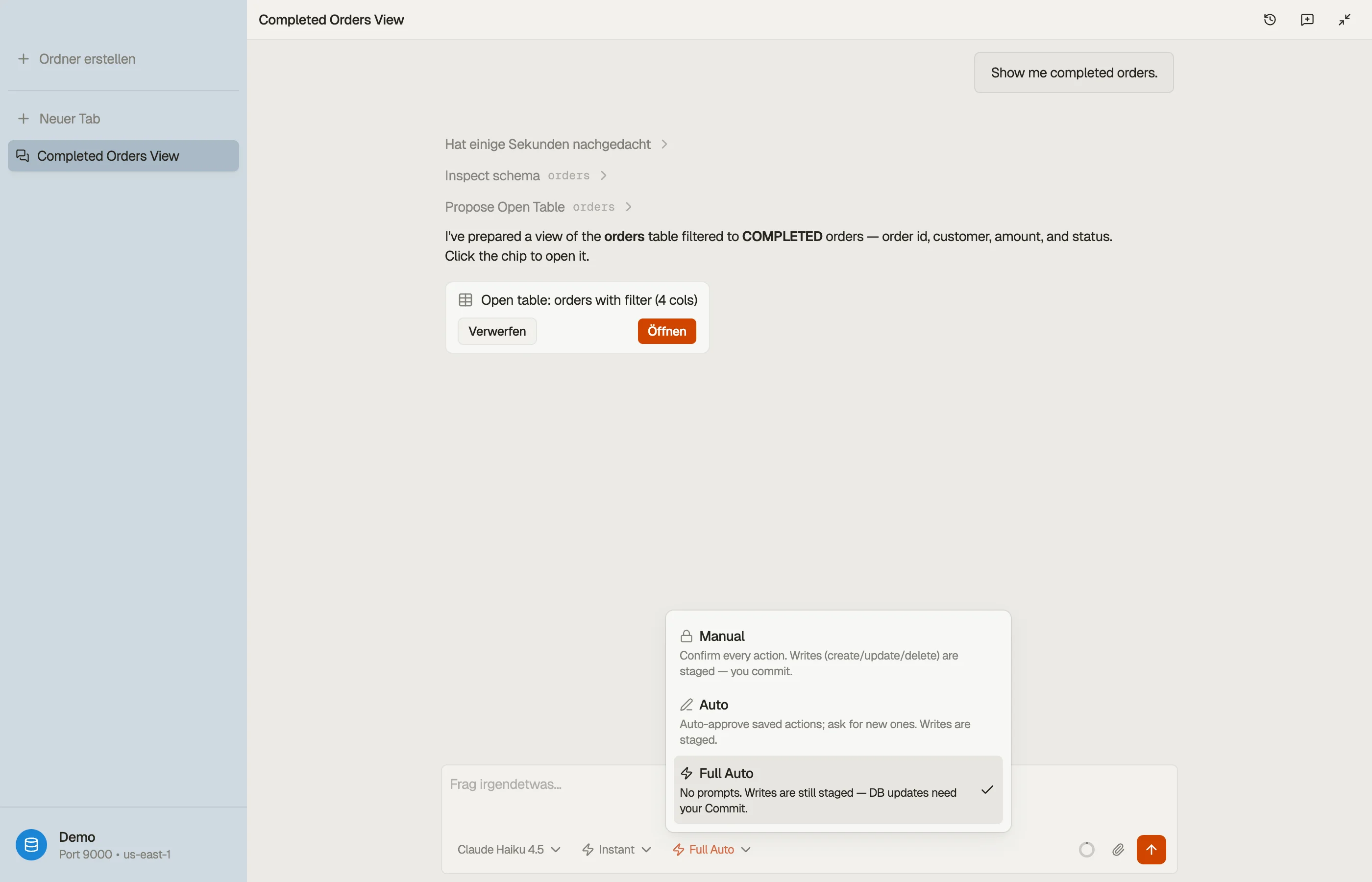 Der Berechtigungsmodus-Schalter im Chat-Editor, offen — Manuell, Auto und Voll-Auto, jeweils mit dem, was er tut.