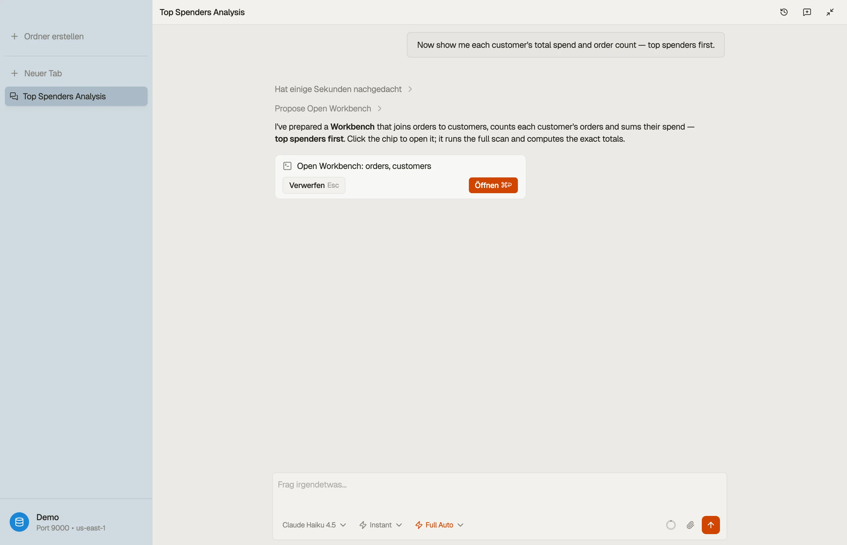 Ein Workbench-öffnen-Chip — der Agent hat eine SQL-Ansicht vorgeschlagen (hier ein Join Kunden ⋈ Bestellungen); ein Klick öffnet den Workbench-Tab.