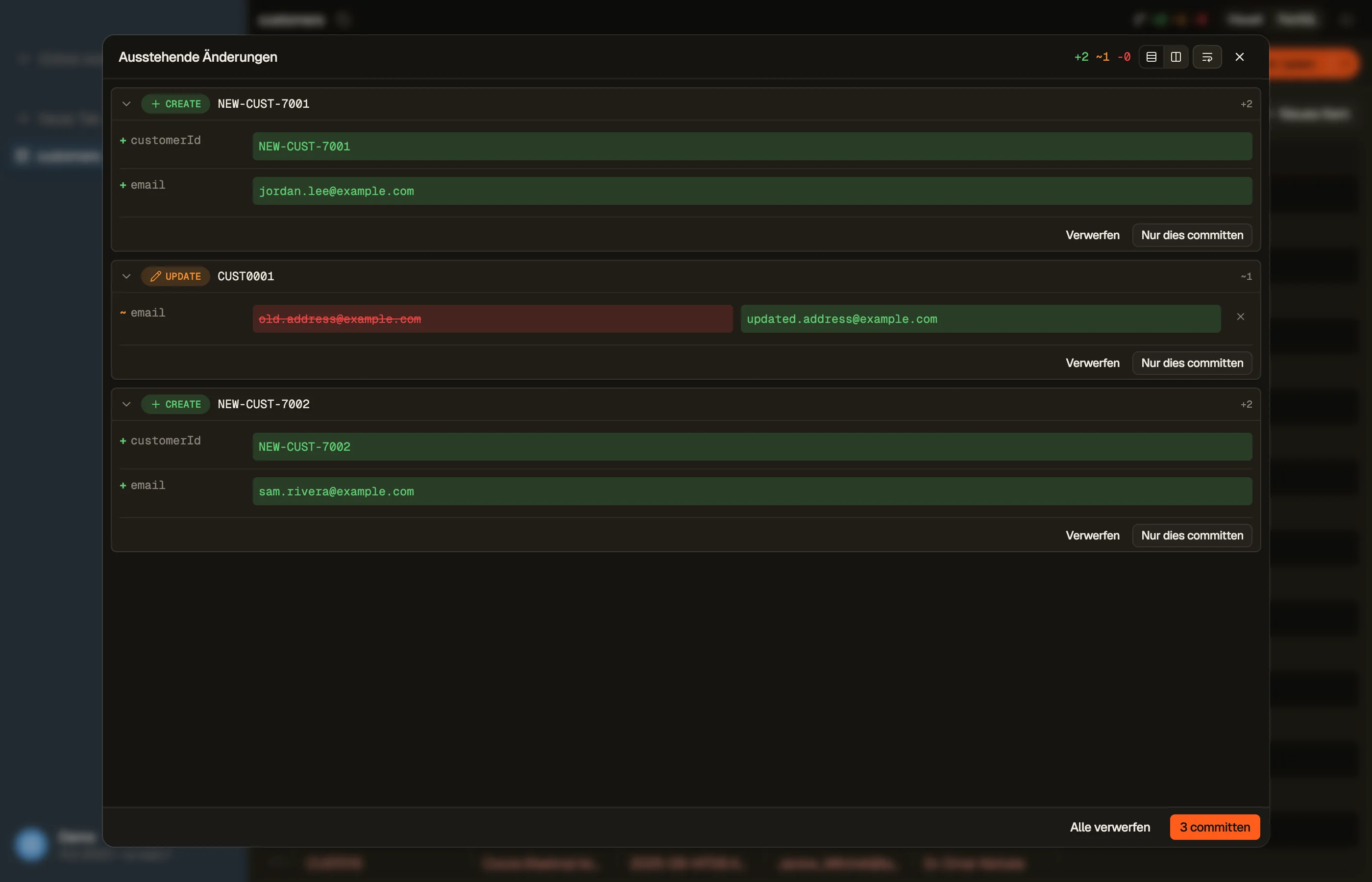 DynoTables Staged-Commit-Diff, bevor irgendetwas nach DynamoDB geschrieben wird.