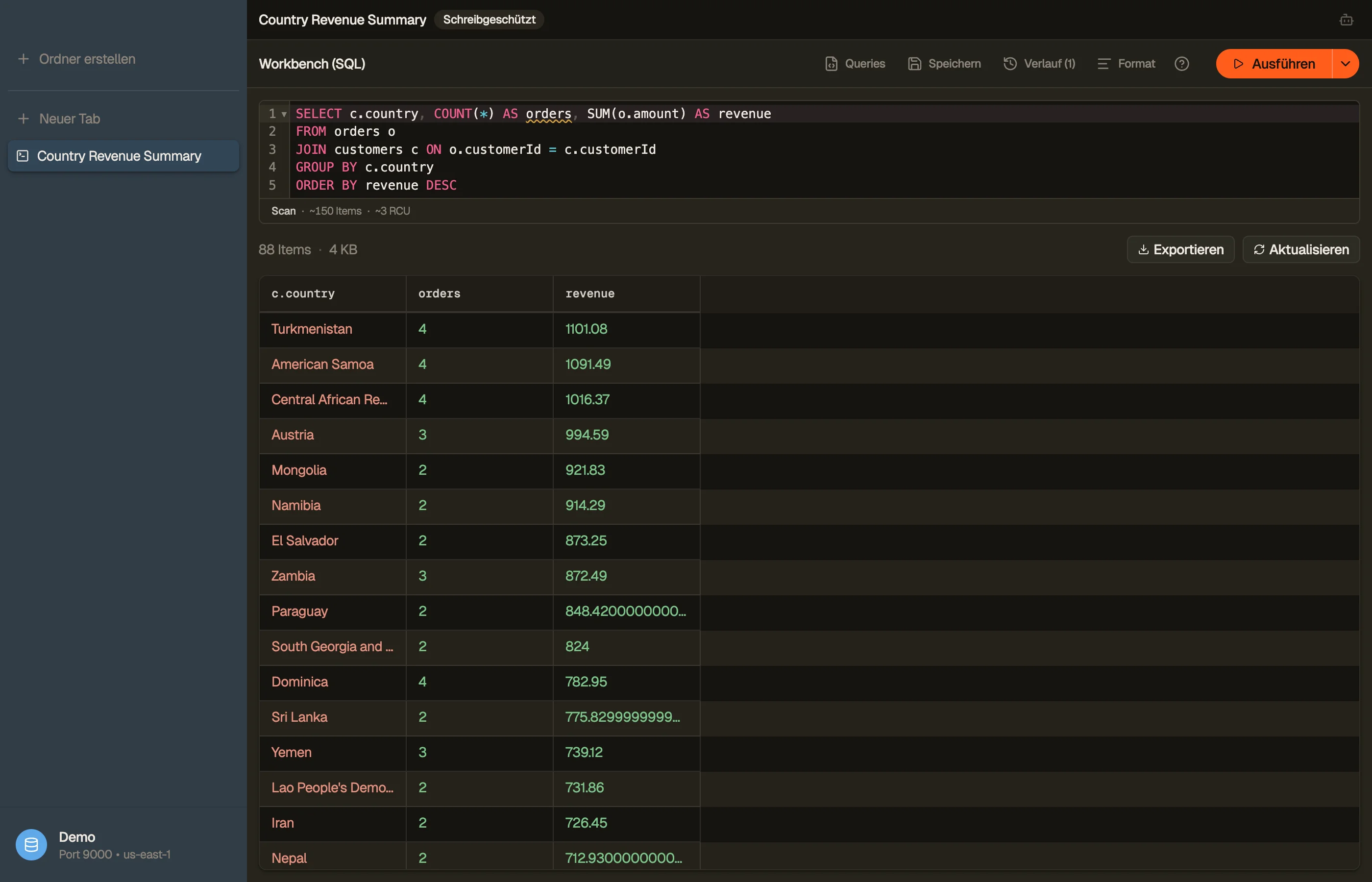 Die DynoTable SQL Workbench führt einen JOIN über die Tabellen aus, die das Modell committet hat.