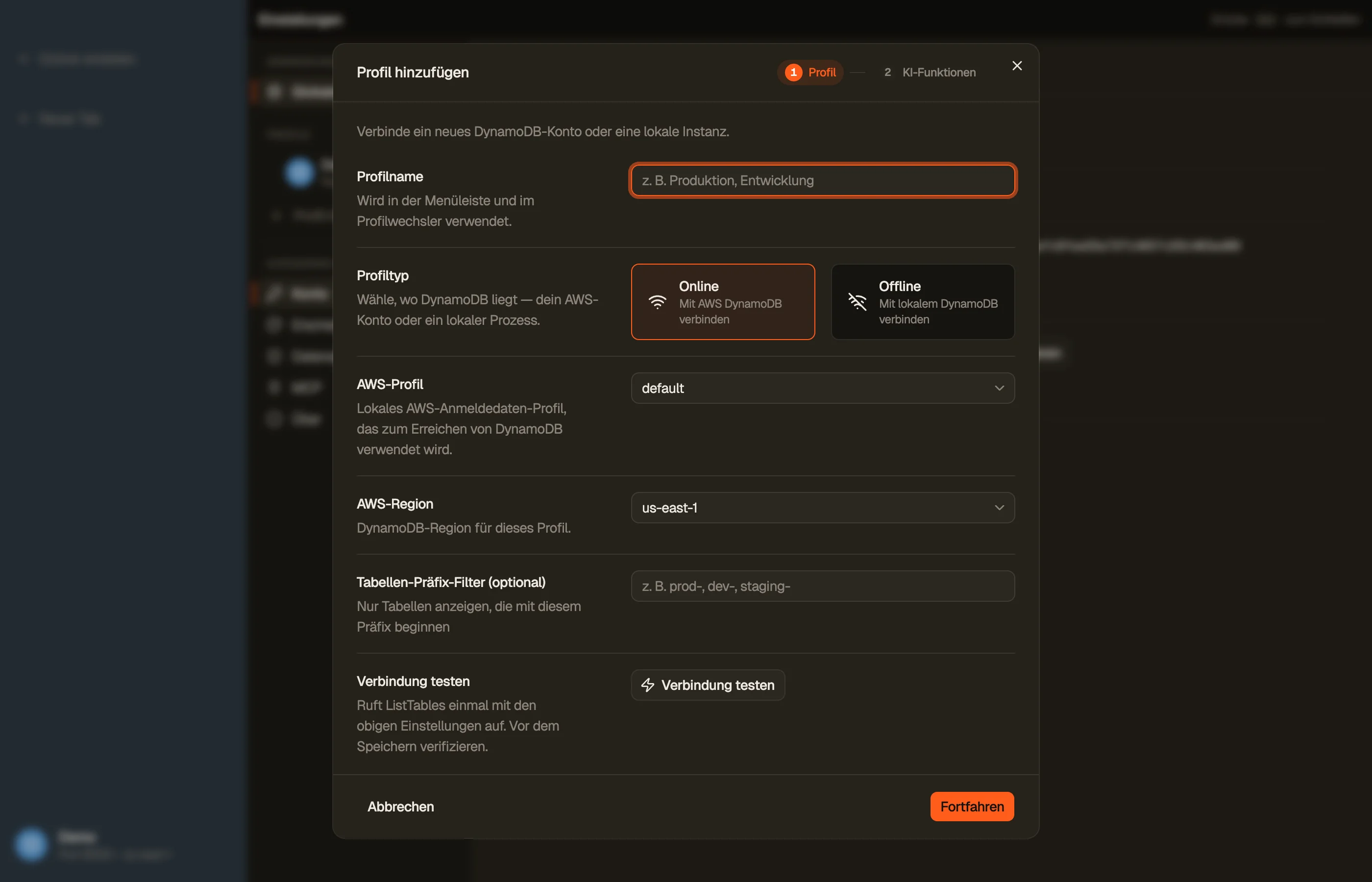 Der Dialog „Profil hinzufügen": Name, AWS-Profil, Standardregion, Farbe und Symbol.