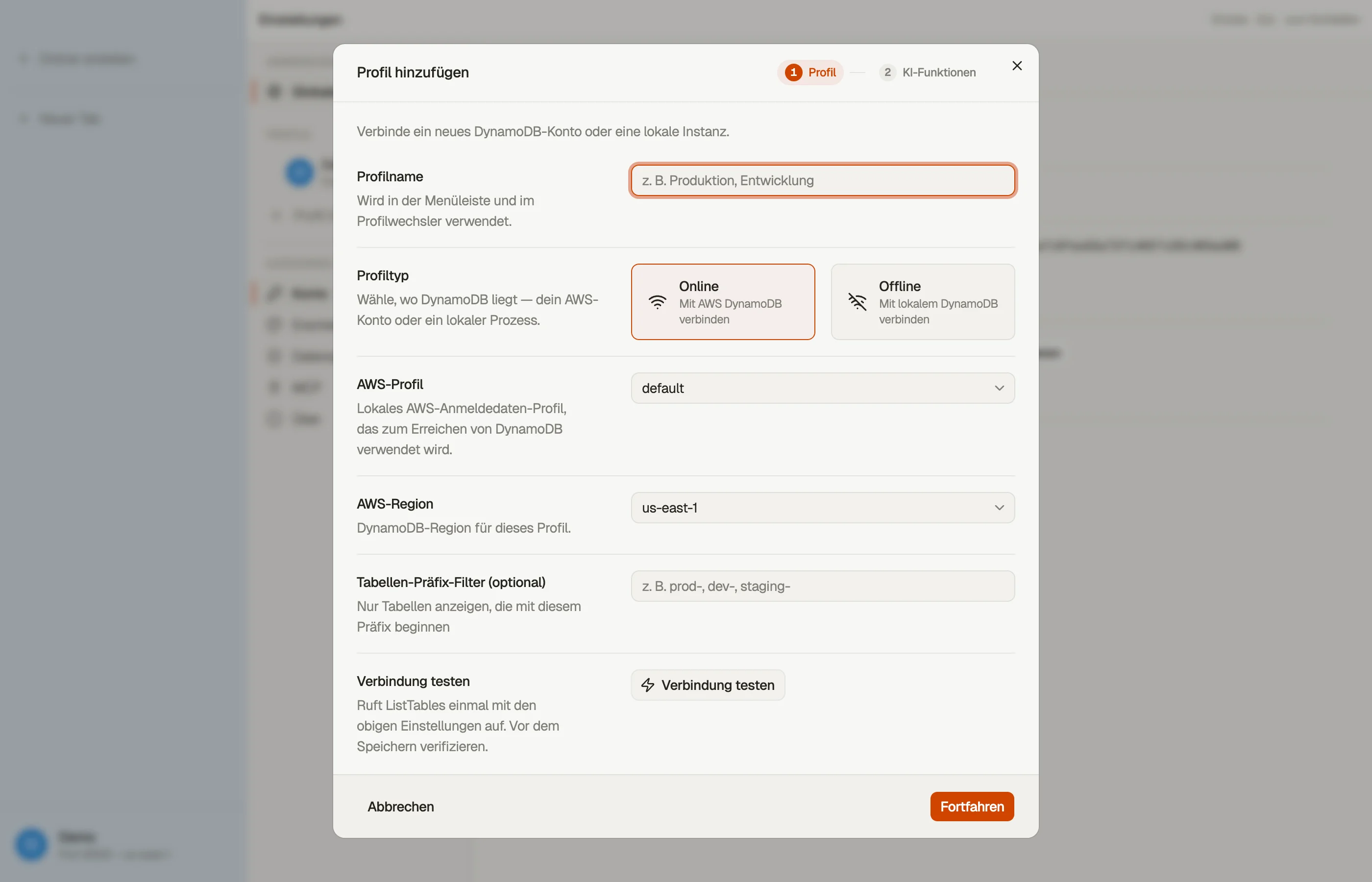 Der Dialog „Profil hinzufügen": Name, AWS-Profil, Standardregion, Farbe und Symbol.