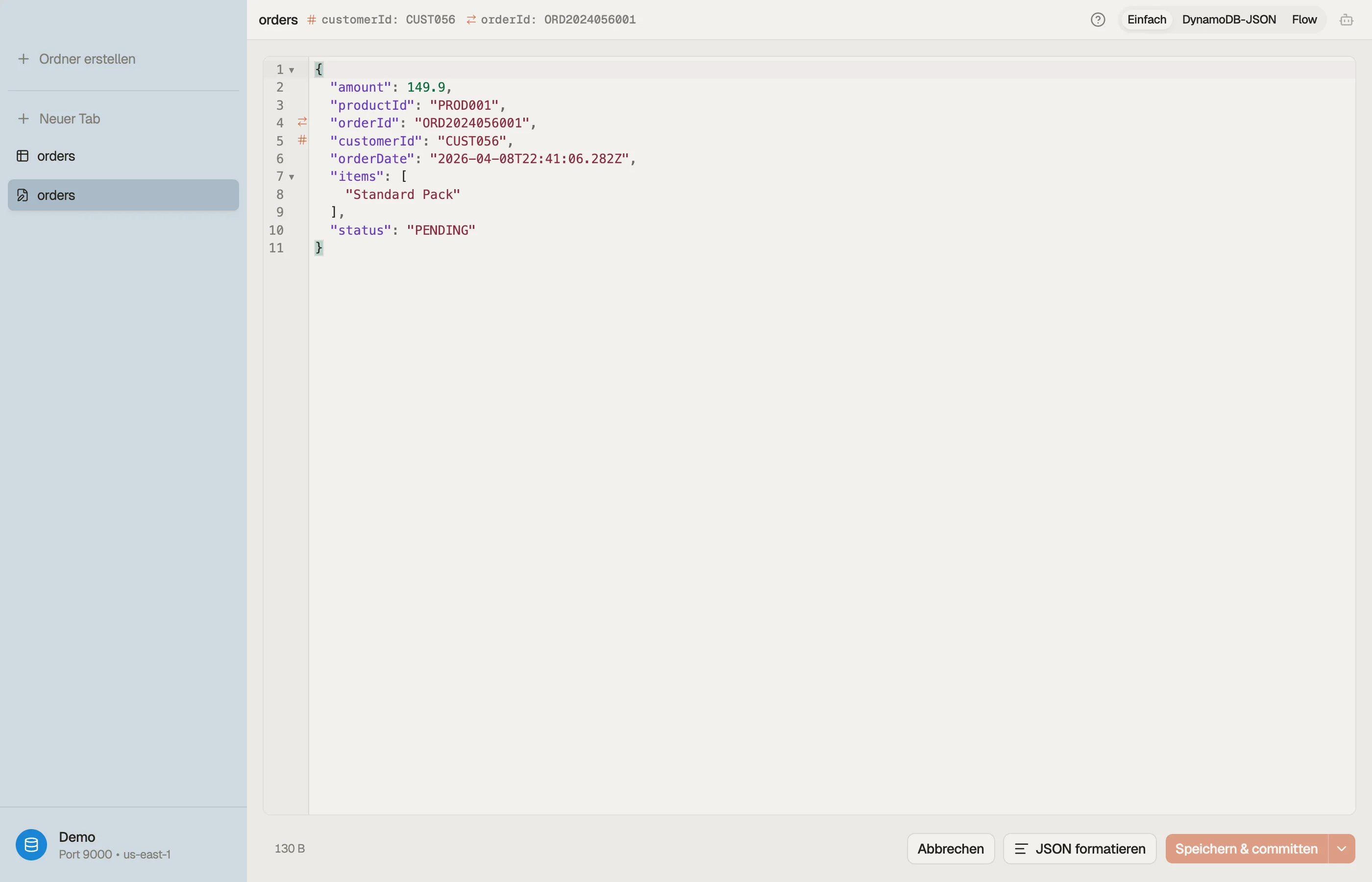 Der Item-Editor mit dem JSON-Puffer, dem Modusumschalter und den Speicher-Steuerelementen.