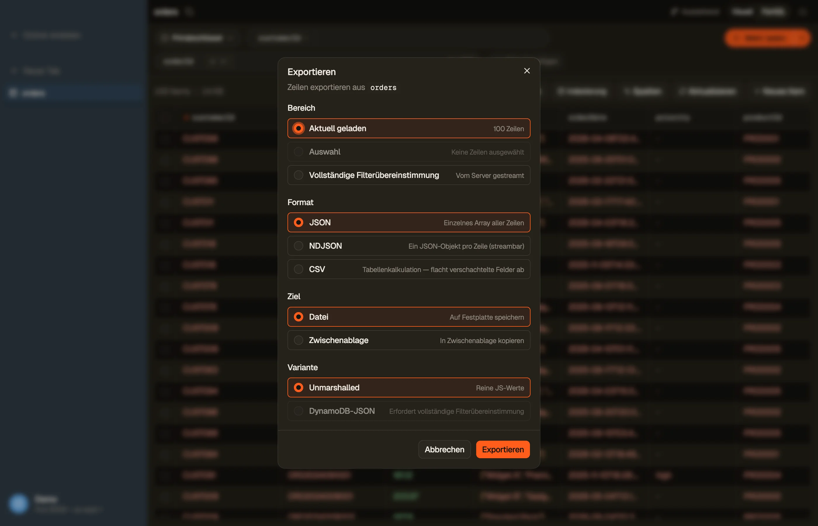 Der Export-Dialog: Format, Umfang und Ziel.