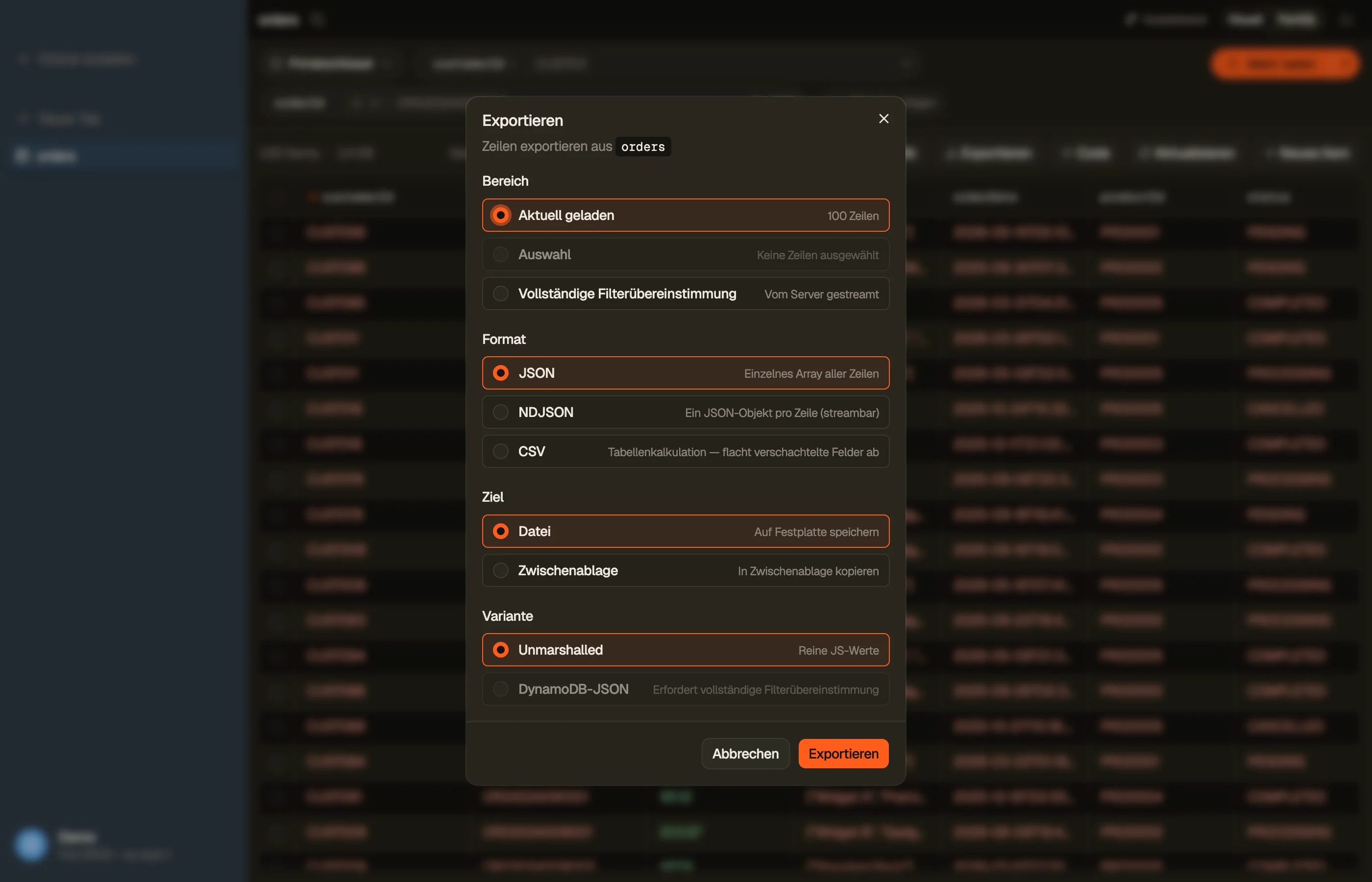 Der Export-Dialog: Format, Umfang und Ziel.
