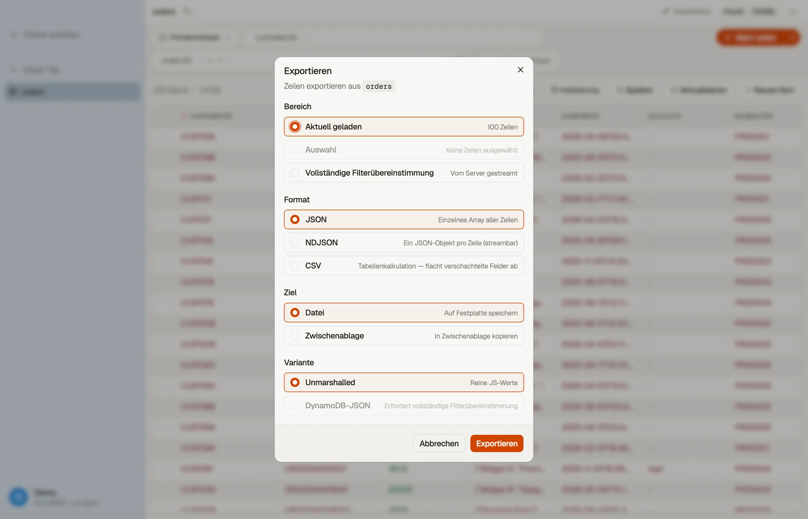 Der Export-Dialog: Format, Umfang und Ziel.