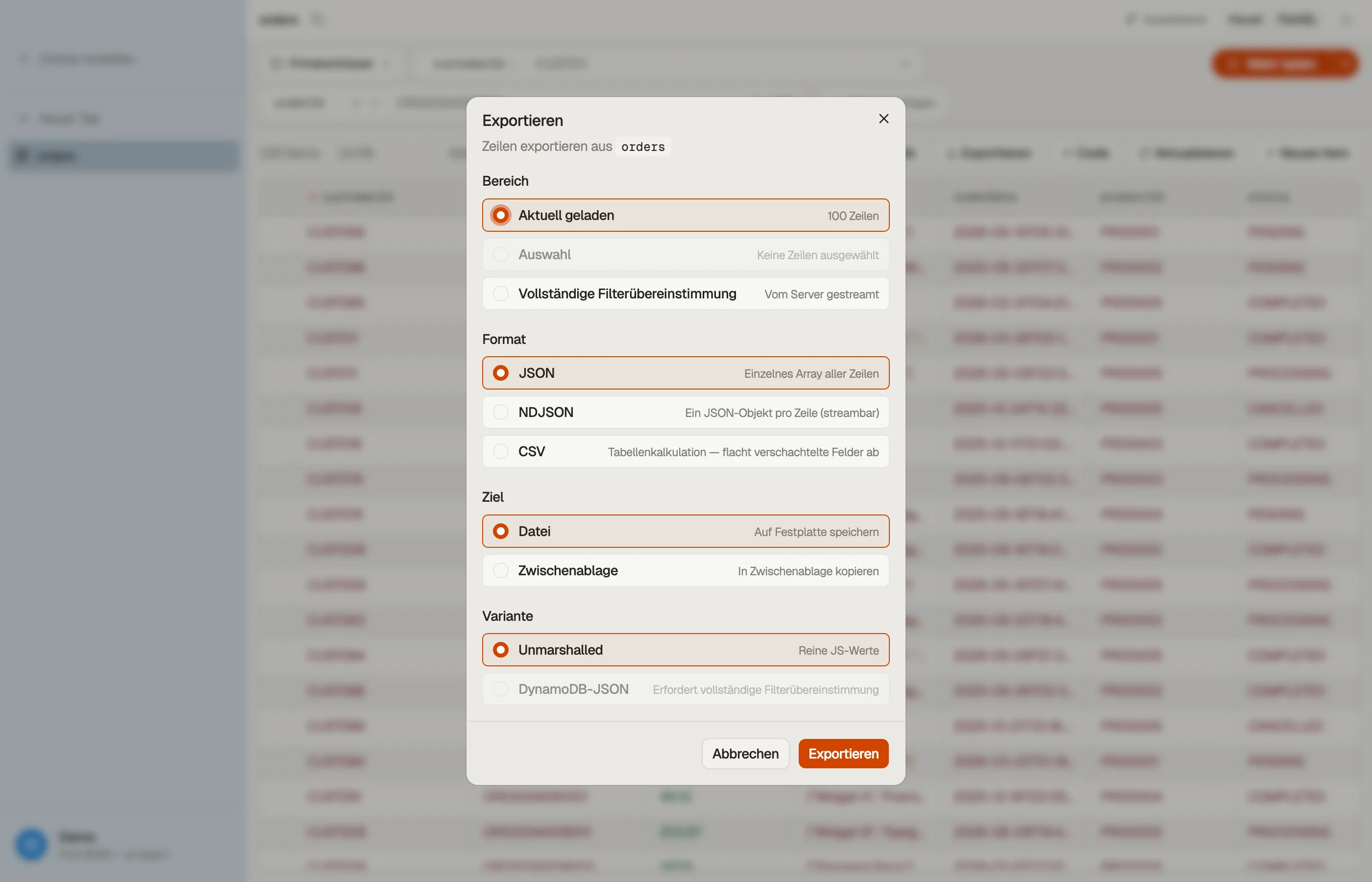 Der Export-Dialog: Format, Umfang und Ziel.