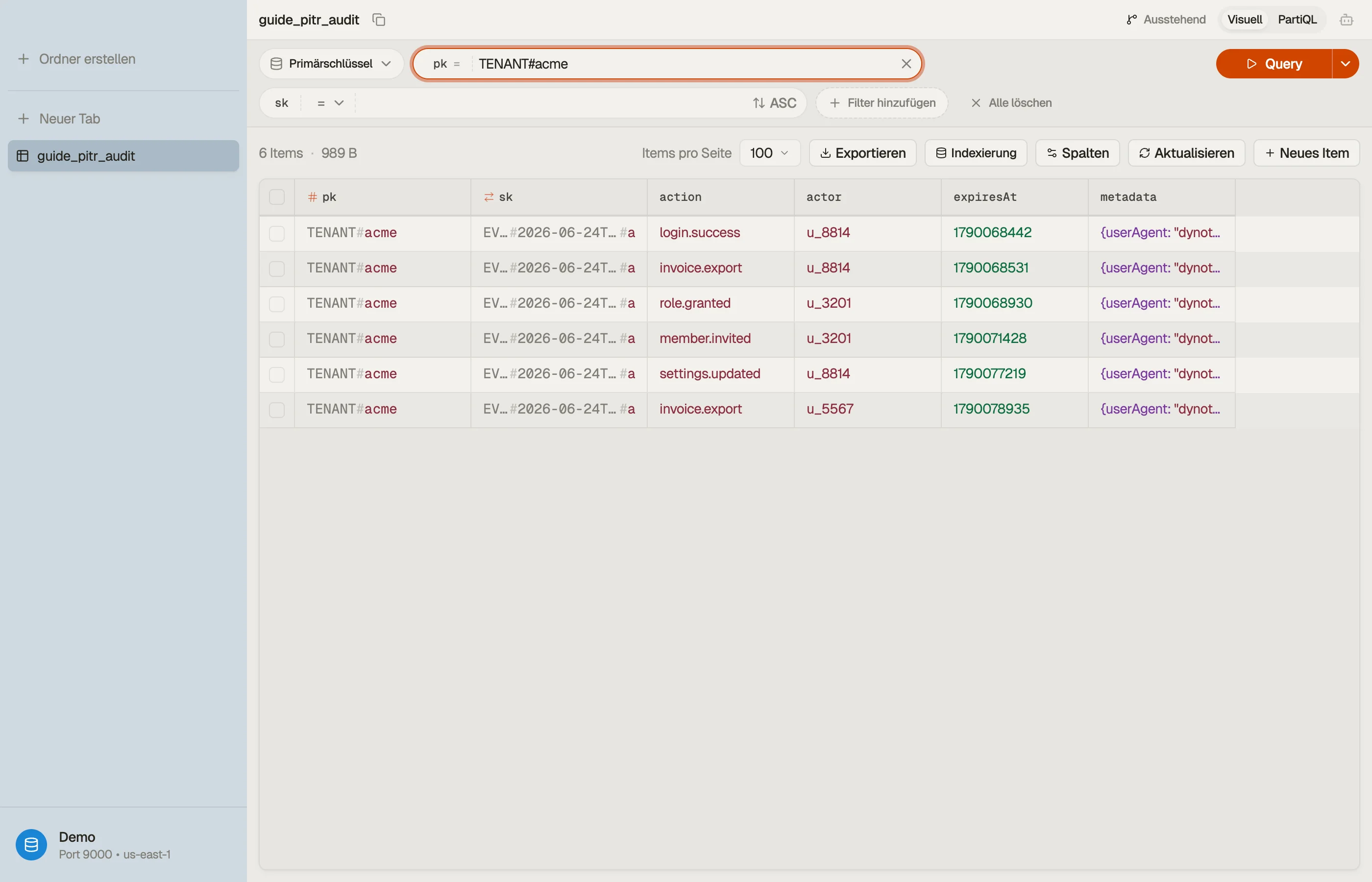 Inspektion einer per PITR wiederhergestellten audit-log-Tabelle in DynoTable, um die wiederhergestellten Events vor dem Umschalten der App zu verifizieren.
