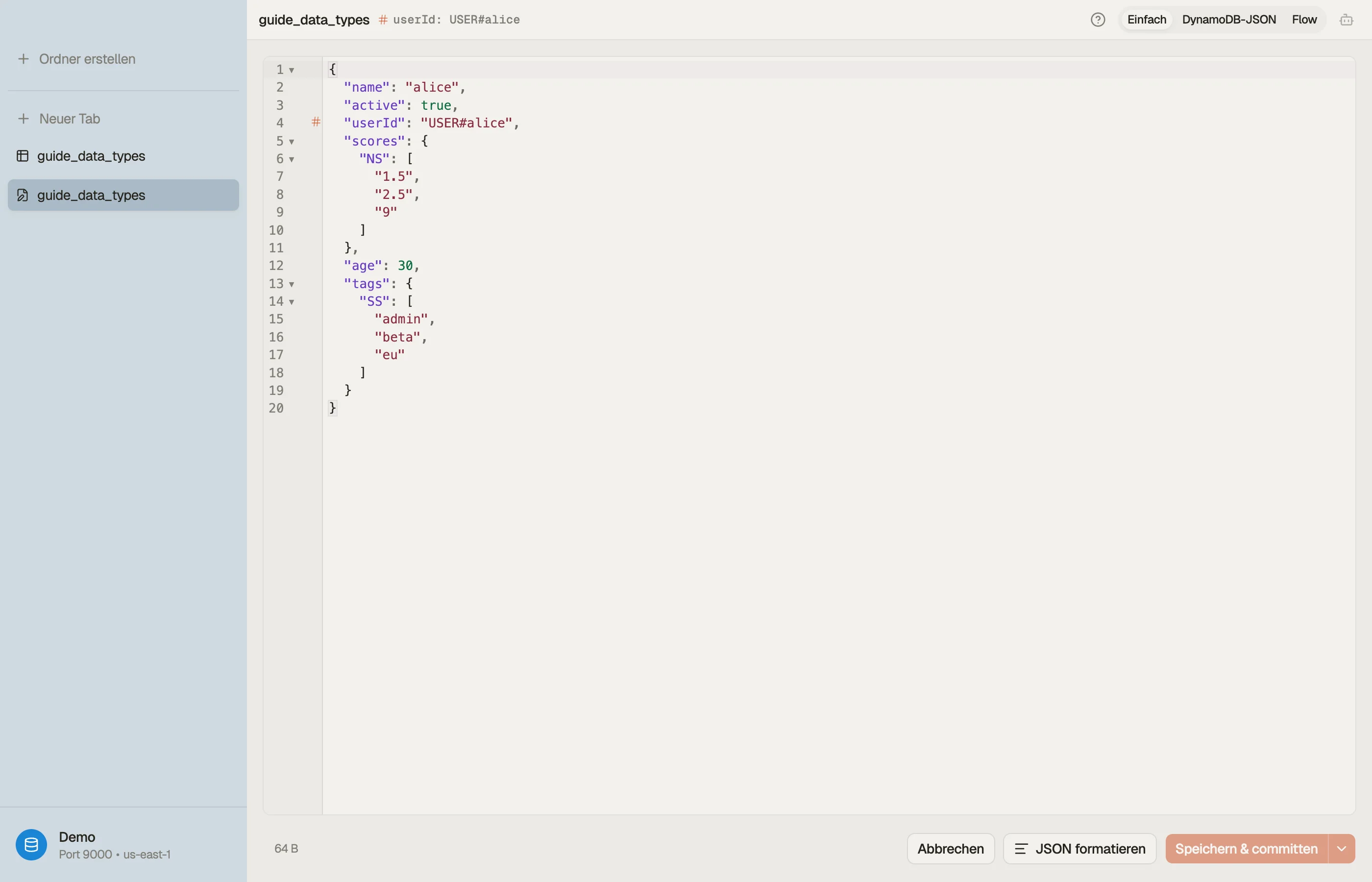 DynoTables Item-Editor zeigt ein Item mit einem Number Set und einem String Set sowie den Umschalter Reines JSON / DynamoDB-JSON.