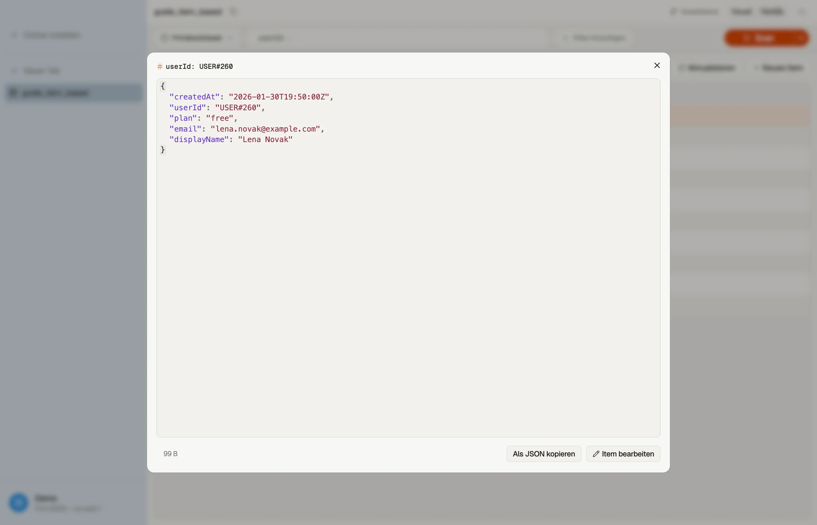 Ein einzelnes Item in DynoTables Quick View lesen, mit den Aktionen Edit Item und Copy as JSON.