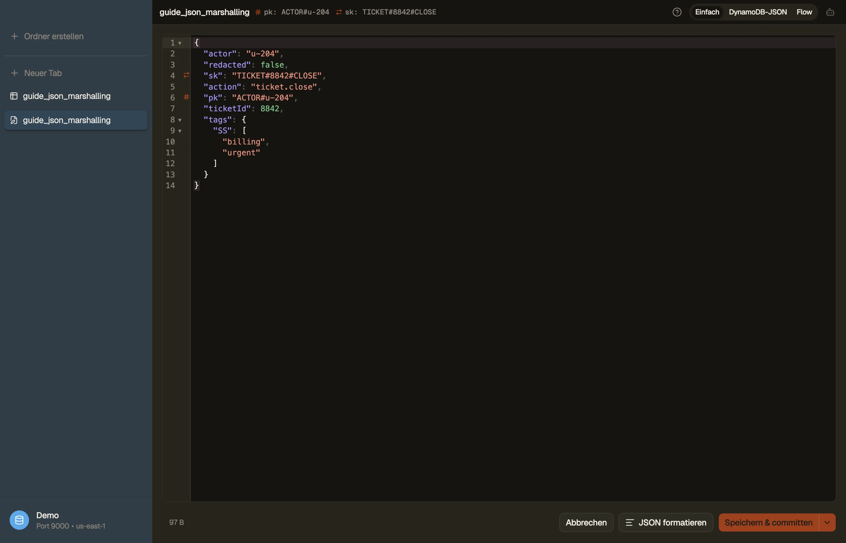 DynoTable zeigt ein Item als einfache Werte, mit verfügbarem rohem DynamoDB JSON.