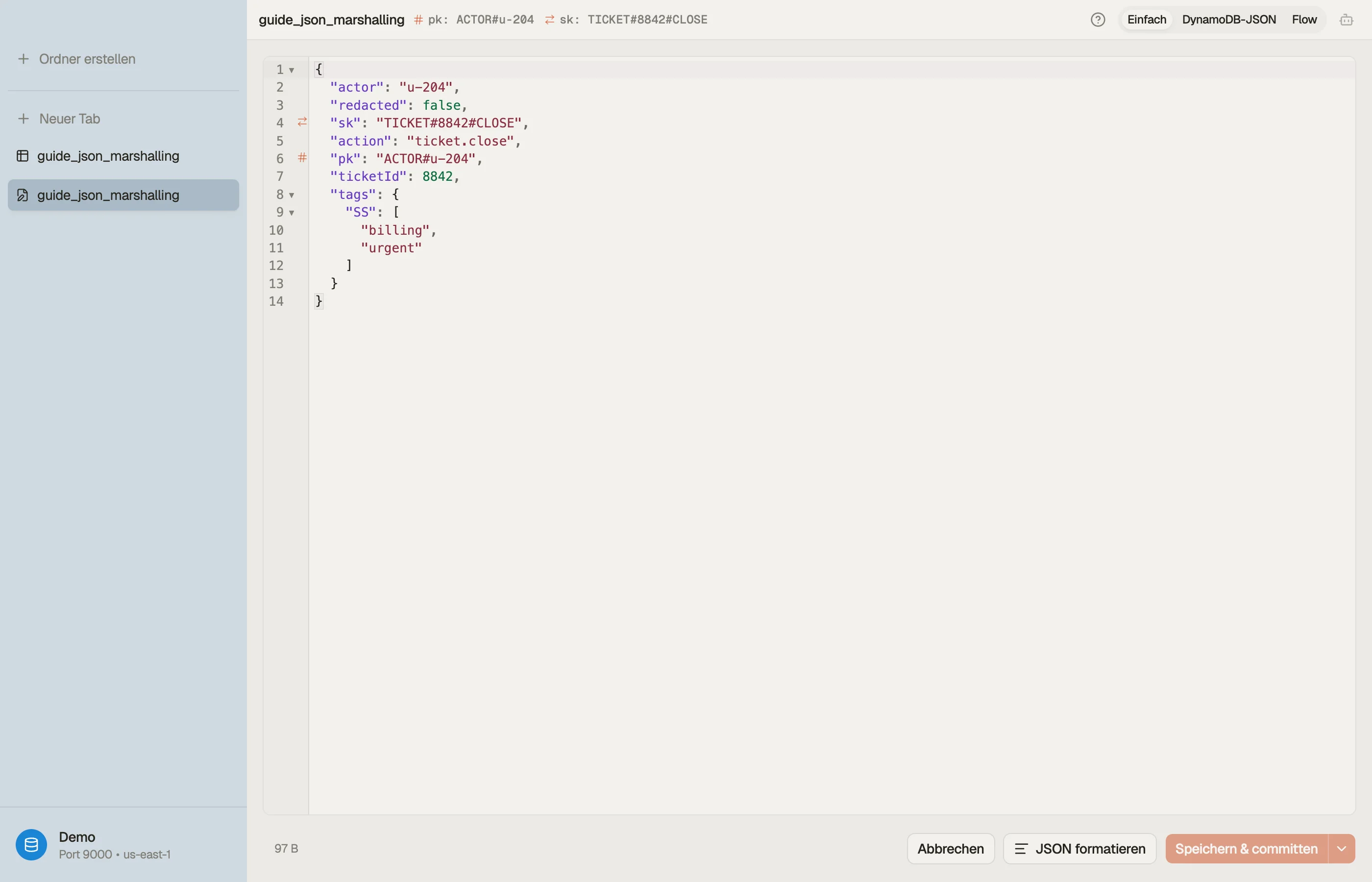 DynoTable zeigt ein Item als einfache Werte, mit verfügbarem rohem DynamoDB JSON.