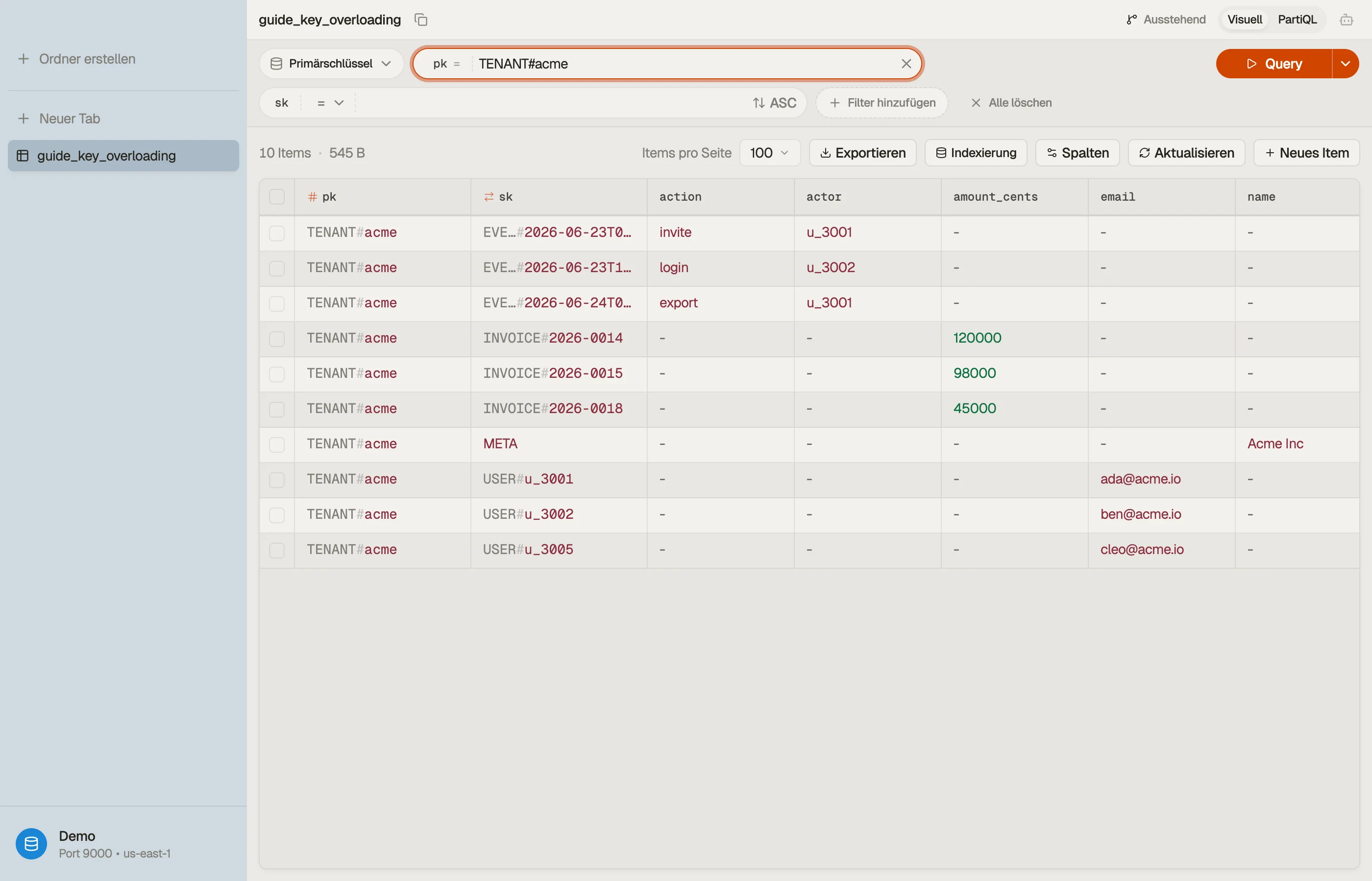 DynoTable beim Durchsuchen der Item Collection eines Mandanten — META-, USER-, INVOICE- und EVENT-Items, gruppiert unter einem einzigen überladenen Partition Key.