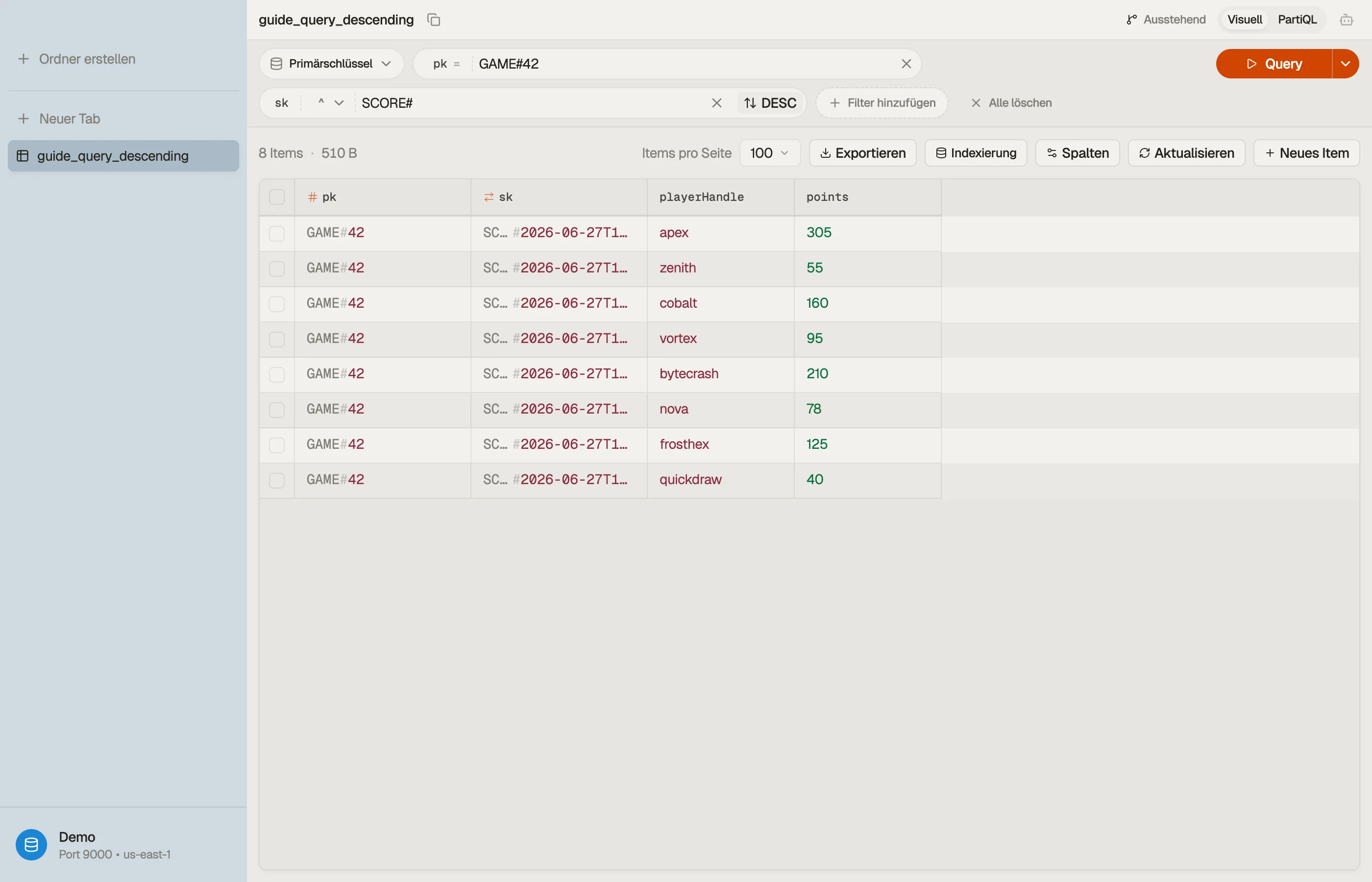 Einen Query-Tab in DynoTable auf absteigende (neueste-zuerst) Reihenfolge umschalten.