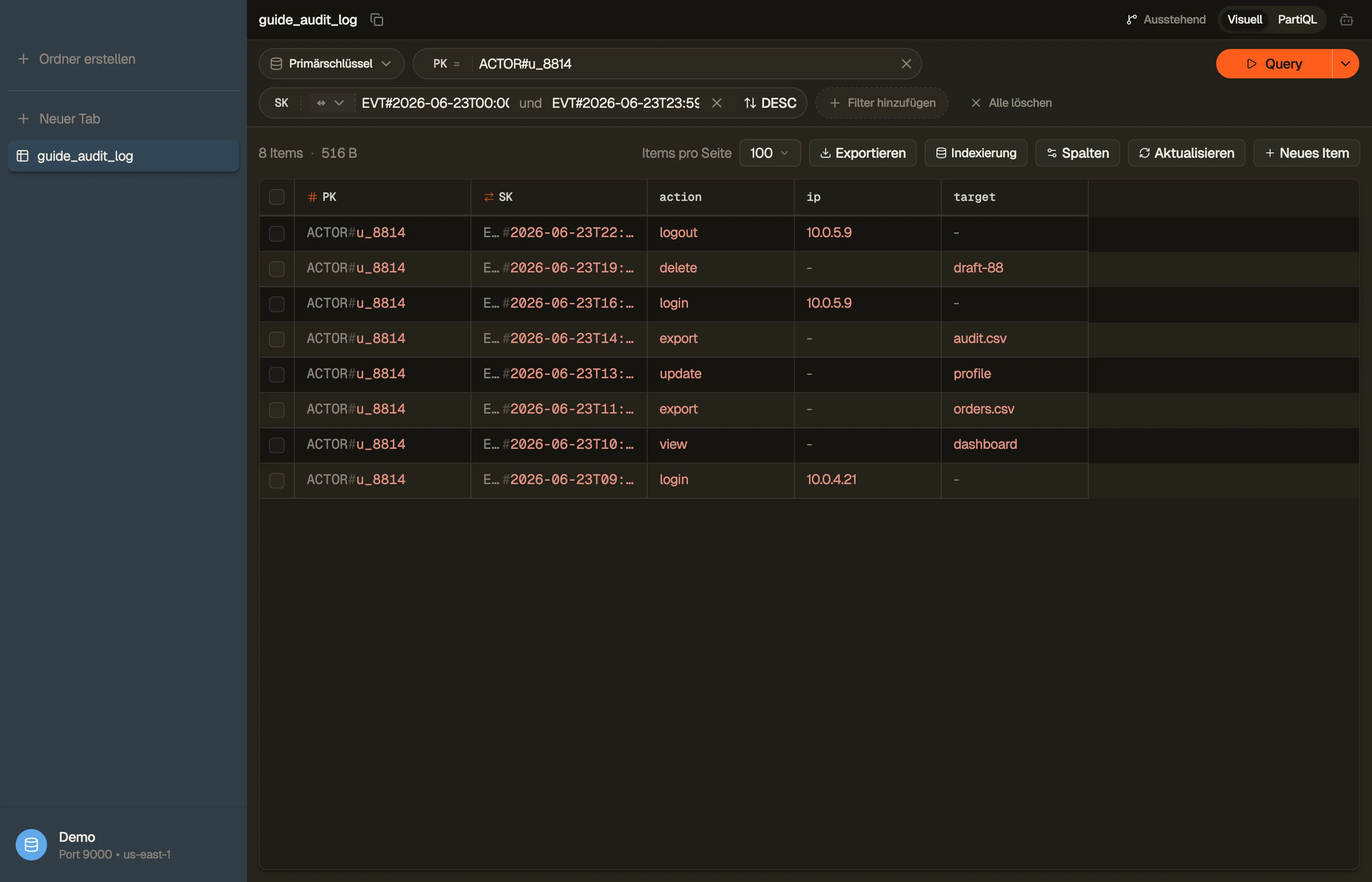 Die Audit-Log-Collection eines Akteurs in DynoTable mit einer between-Bedingung auf dem Sort Key abfragen, Ergebnisse neueste-zuerst geordnet.
