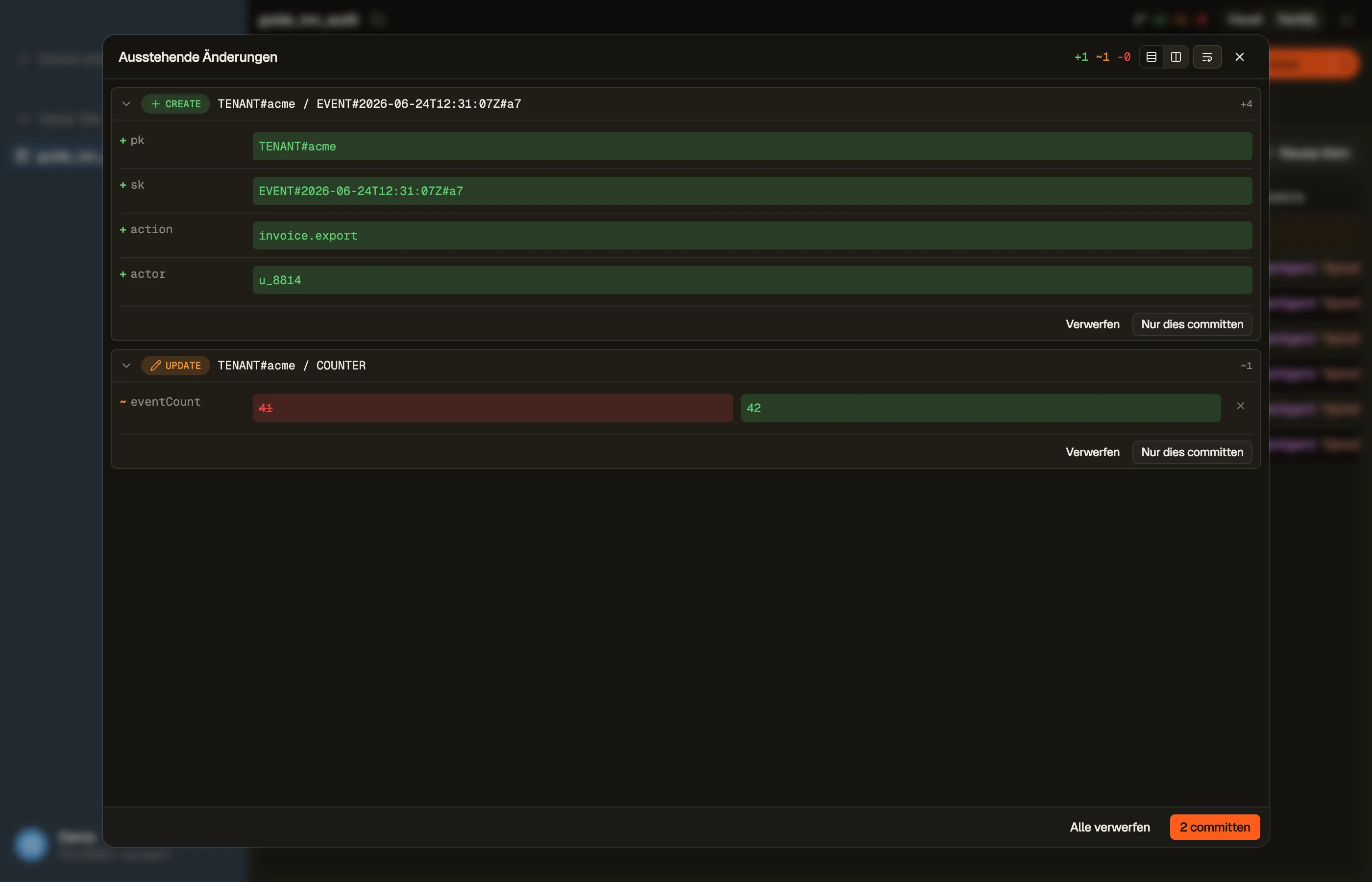 Das neue Audit-Event und die Änderung am Mandanten-Zähler in DynoTable vormerken und beide dann als eine Alles-oder-nichts-Transaktion committen.