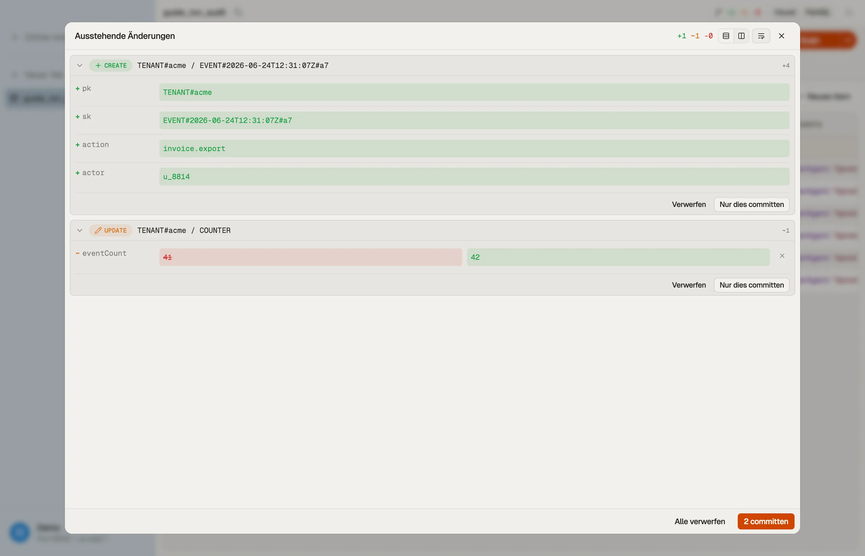 Das neue Audit-Event und die Änderung am Mandanten-Zähler in DynoTable vormerken und beide dann als eine Alles-oder-nichts-Transaktion committen.