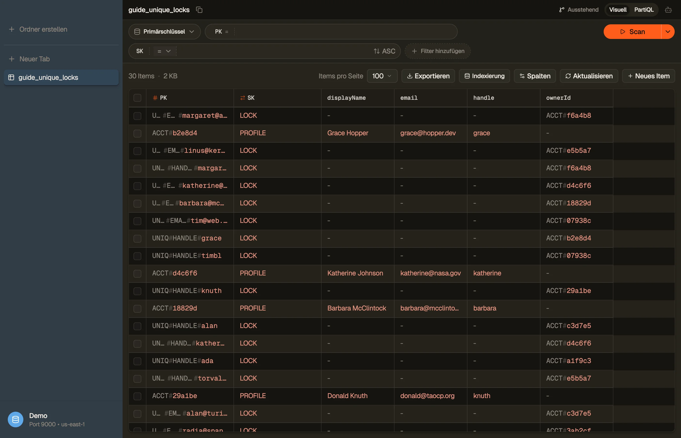 DynoTable scannt die Tabelle — Account-Items durchmischt mit ihren UNIQ#EMAIL- und UNIQ#HANDLE-Lock-Items.