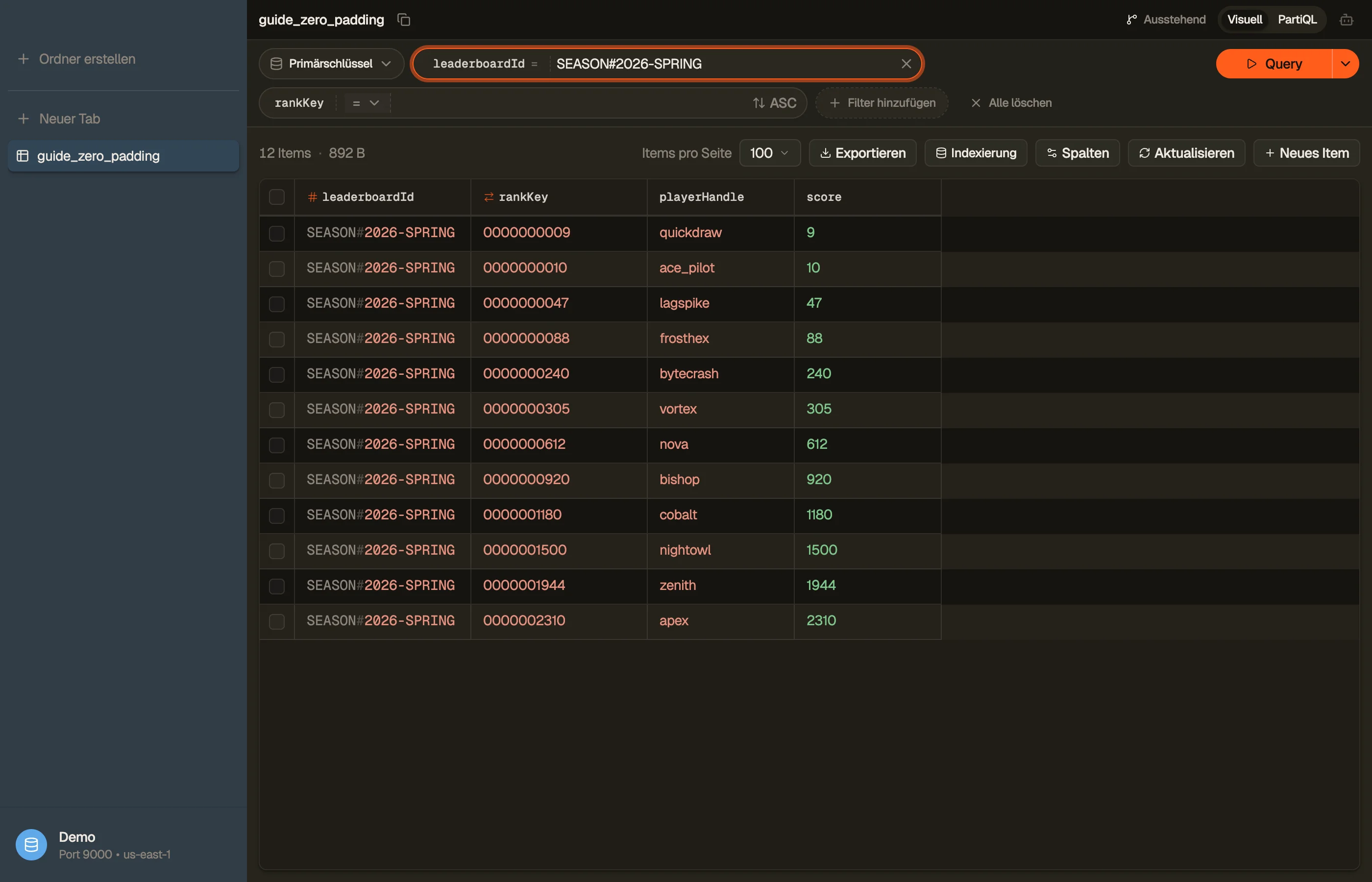 Das Saison-Leaderboard in DynoTable durchsuchen, sortiert nach zero-padded rankKey.