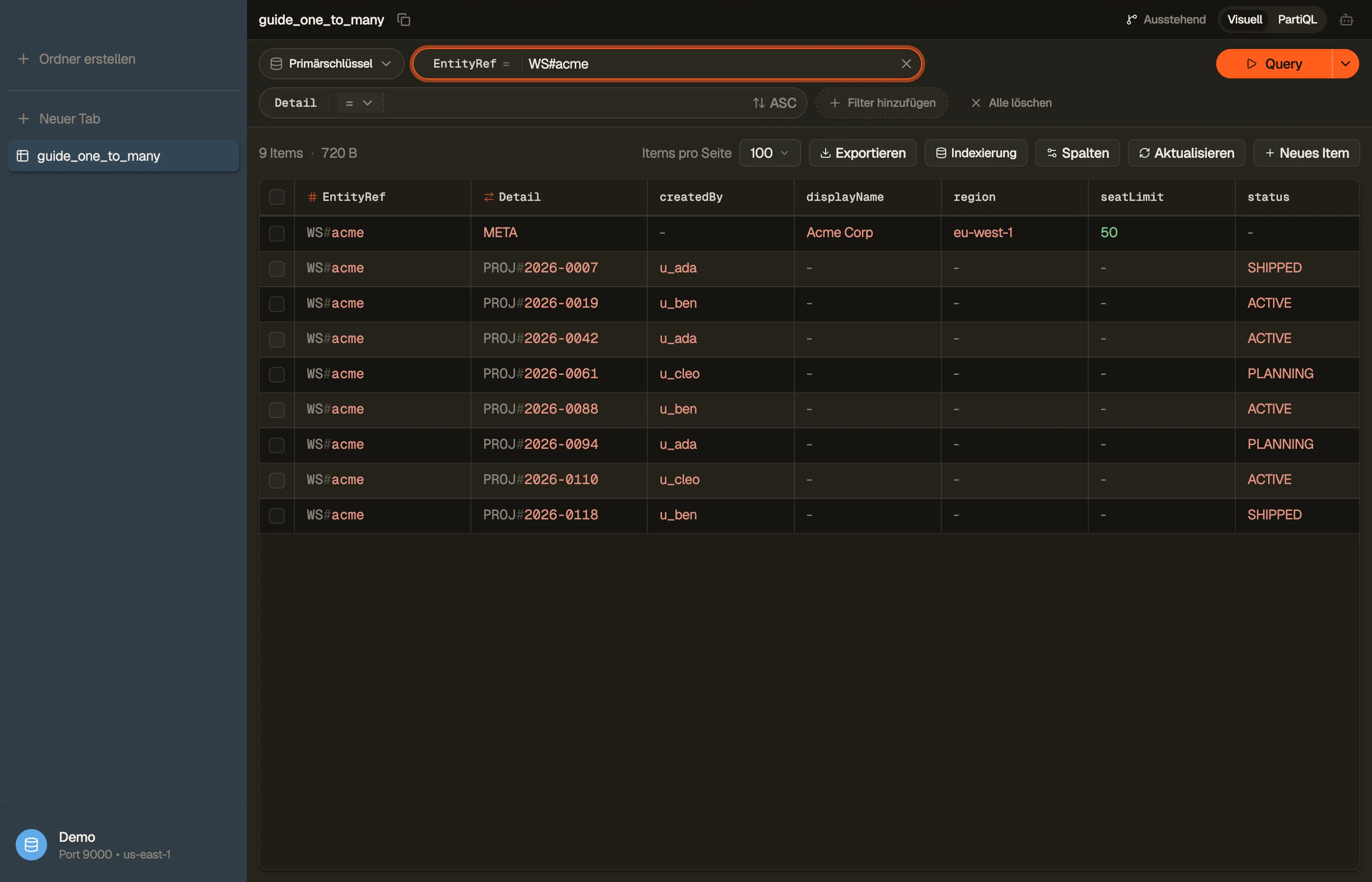 Das Workspace-META-Item und seine PROJ#-Kinder, in der Tabellenansicht von DynoTable als eine Item Collection gruppiert.