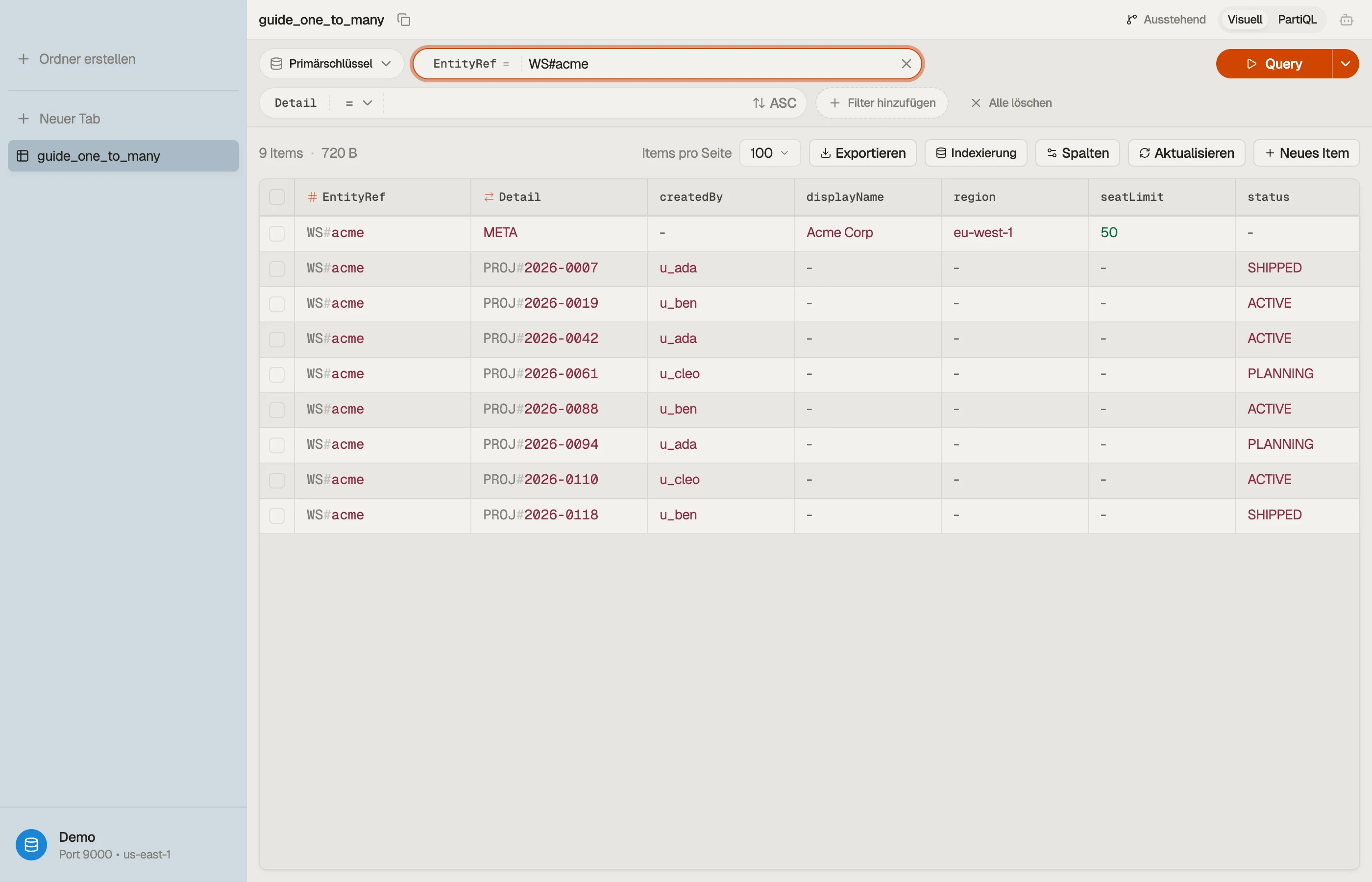 Das Workspace-META-Item und seine PROJ#-Kinder, in der Tabellenansicht von DynoTable als eine Item Collection gruppiert.