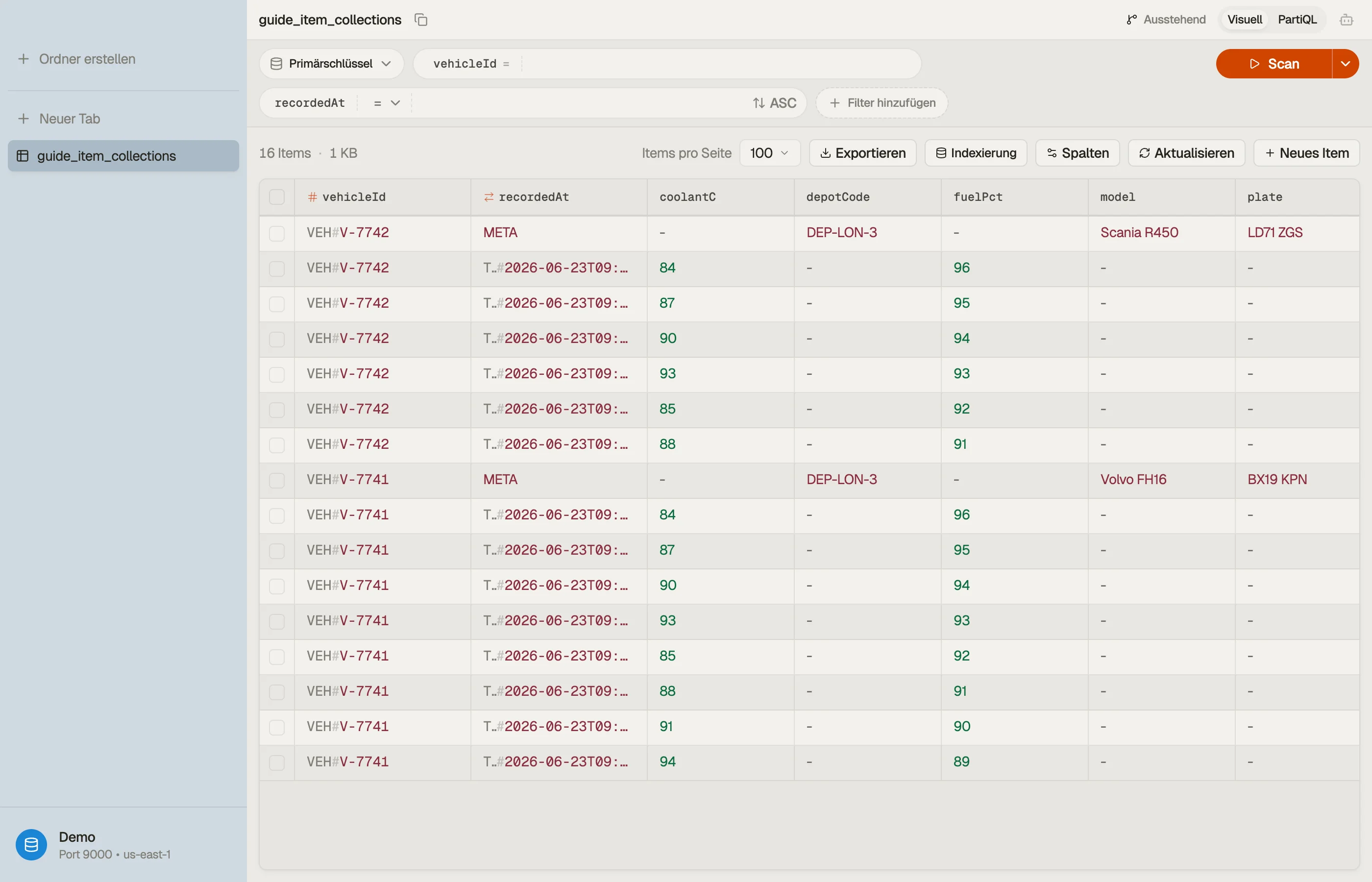 Eine befüllte DynamoDB-Tabelle in DynoTable durchsuchen.