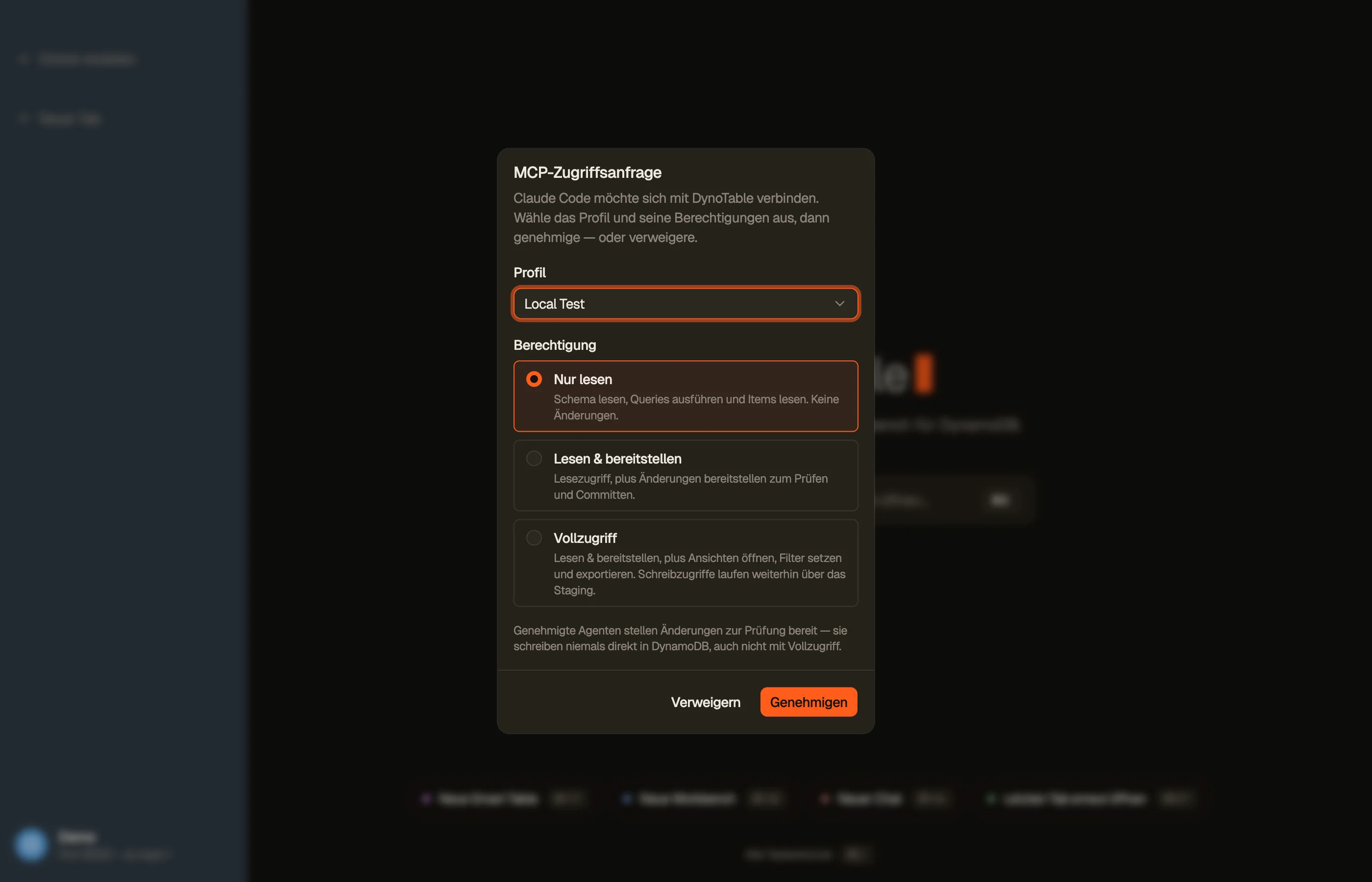 Die In-App-Zustimmungsabfrage: Ein sich verbindender Client fordert Zugriff an, und du gewährst einen von drei Scopes oder lehnst ab.