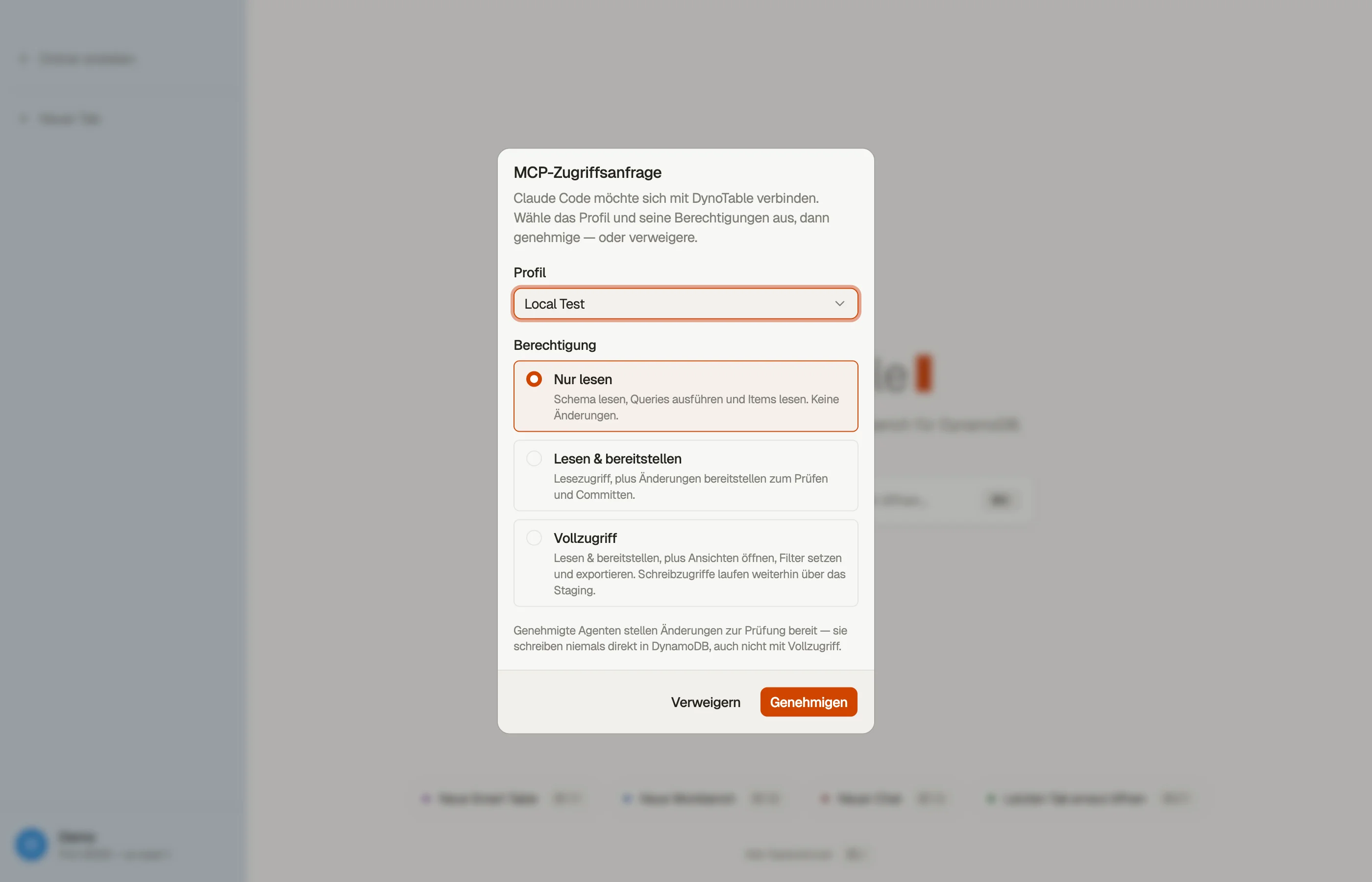 Die In-App-Zustimmungsabfrage: Ein sich verbindender Client fordert Zugriff an, und du gewährst einen von drei Scopes oder lehnst ab.