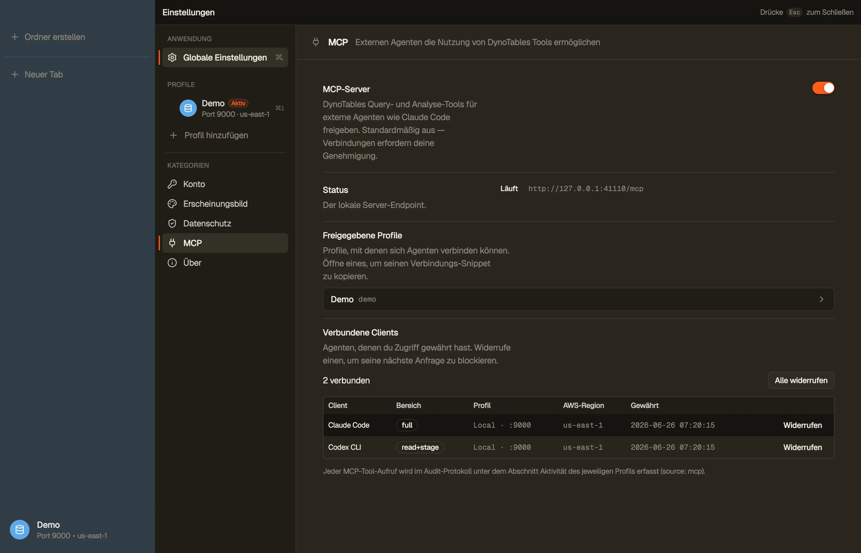 Einstellungen → MCP-Server: der Server läuft auf einem lokalen Loopback-Port, mit der Liste der verbundenen Clients und ihren Zugriffsebenen.