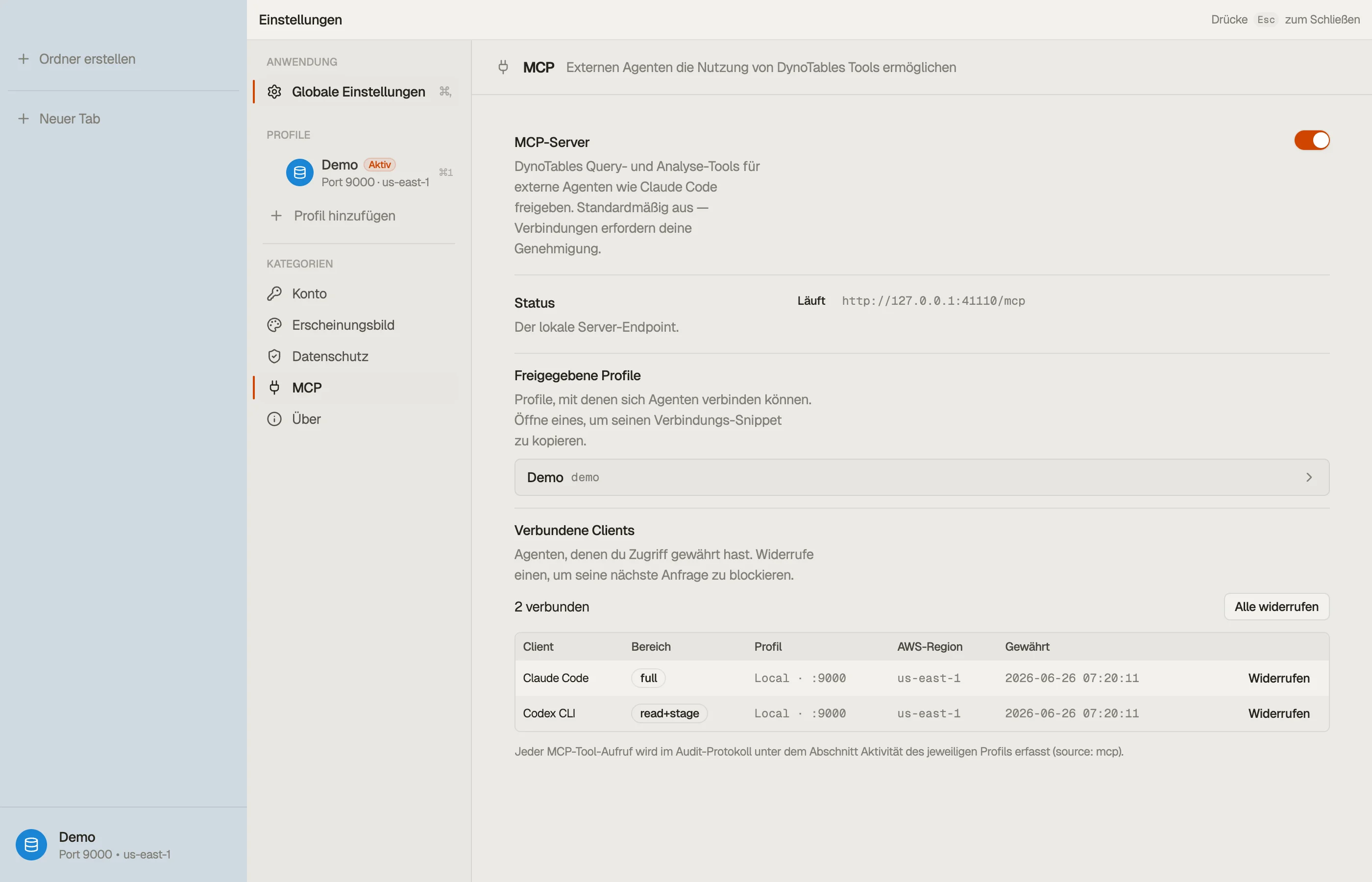 Einstellungen → MCP-Server: der Server läuft auf einem lokalen Loopback-Port, mit der Liste der verbundenen Clients und ihren Zugriffsebenen.