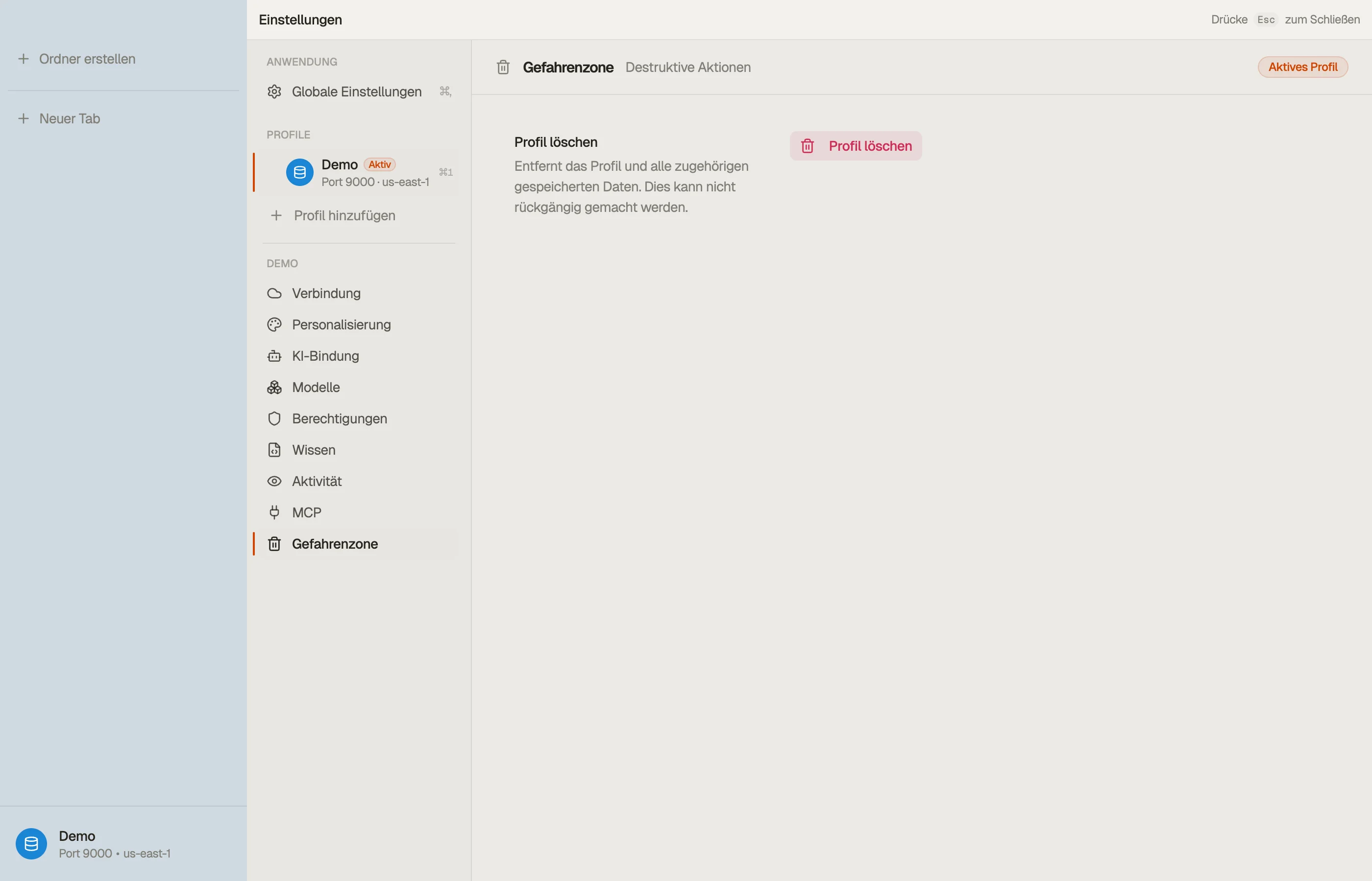 Gefahrenzone — das Profil entfernen und seine lokalen Daten löschen.