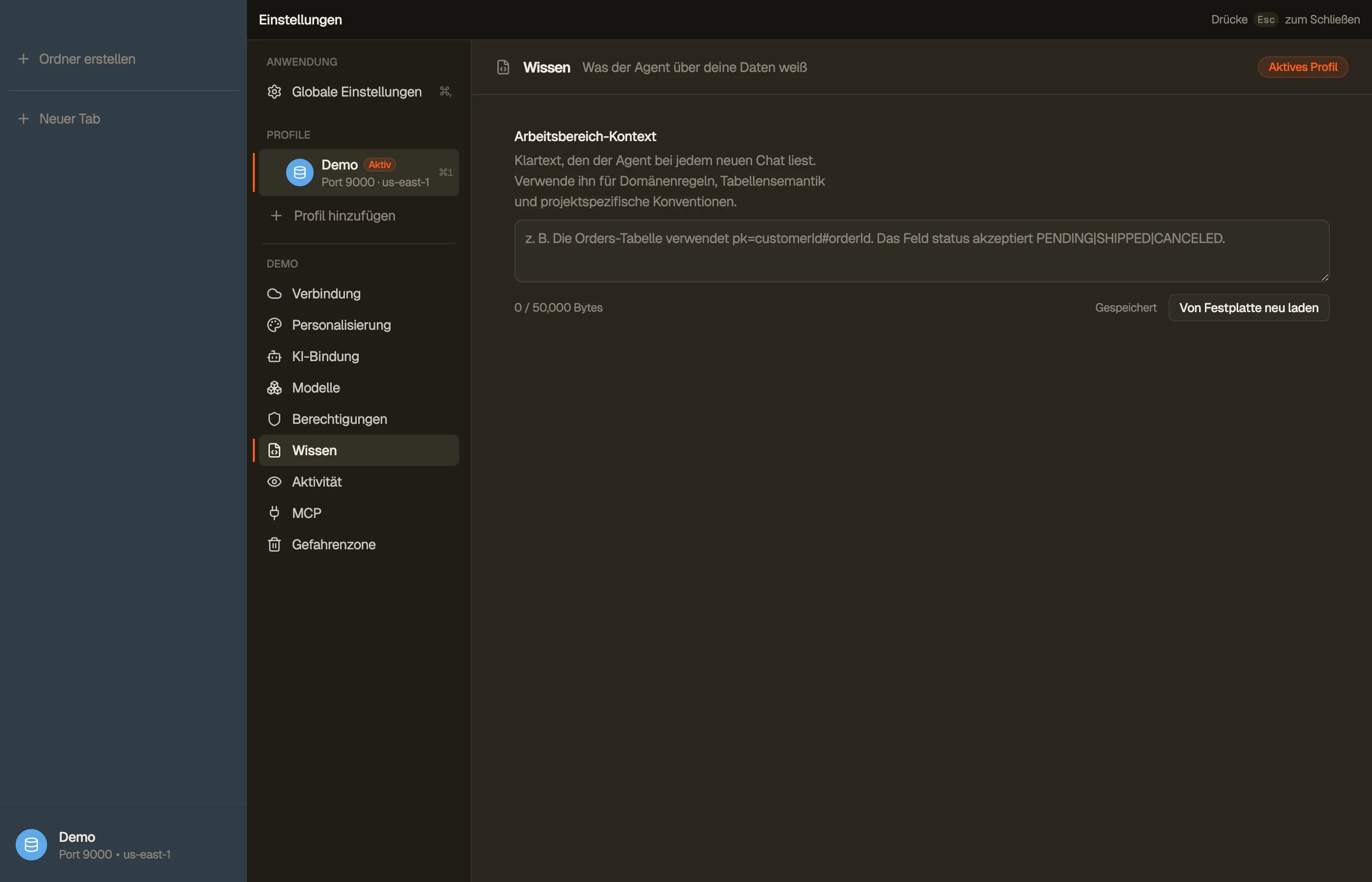 Wissen — die Workspace-Notizen, die der Assistent als stehenden Kontext liest.