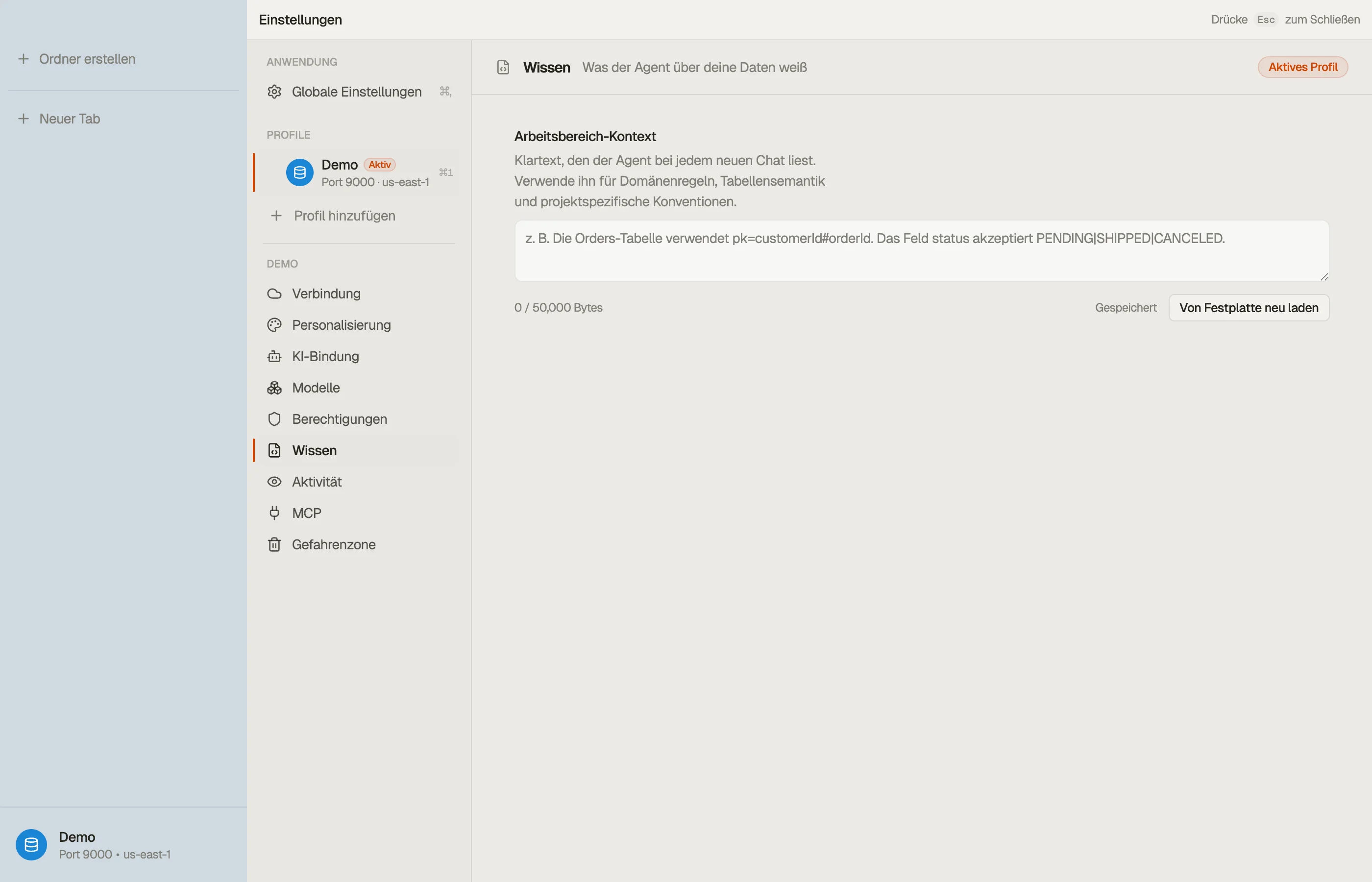 Wissen — die Workspace-Notizen, die der Assistent als stehenden Kontext liest.
