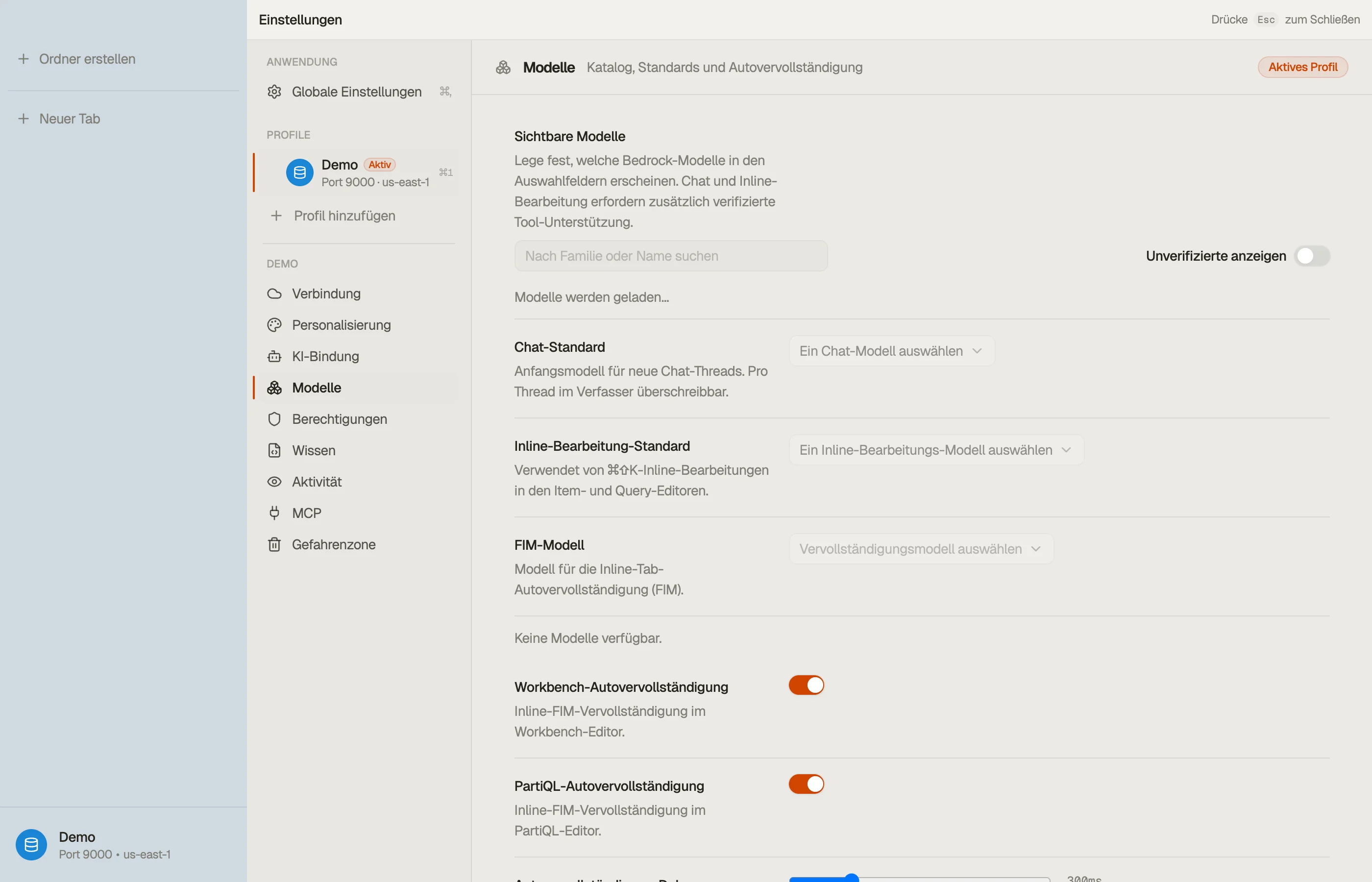 Modelle — der Katalog, deine Standards pro Oberfläche und welche Modelle sichtbar sind.