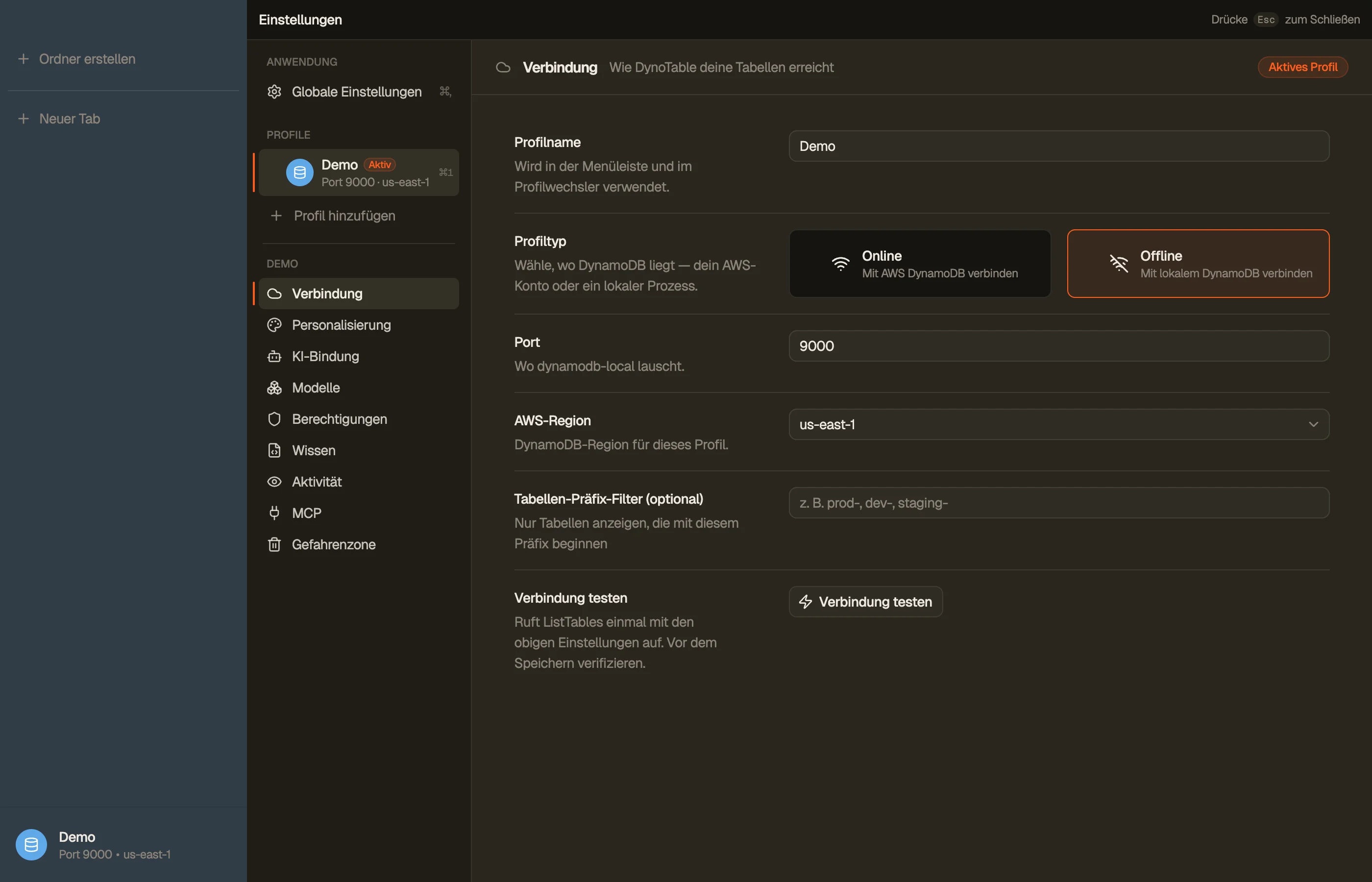 Die Einstellungen eines Profils — der Abschnitt Verbindung, mit der Abschnittsleiste pro Profil links.