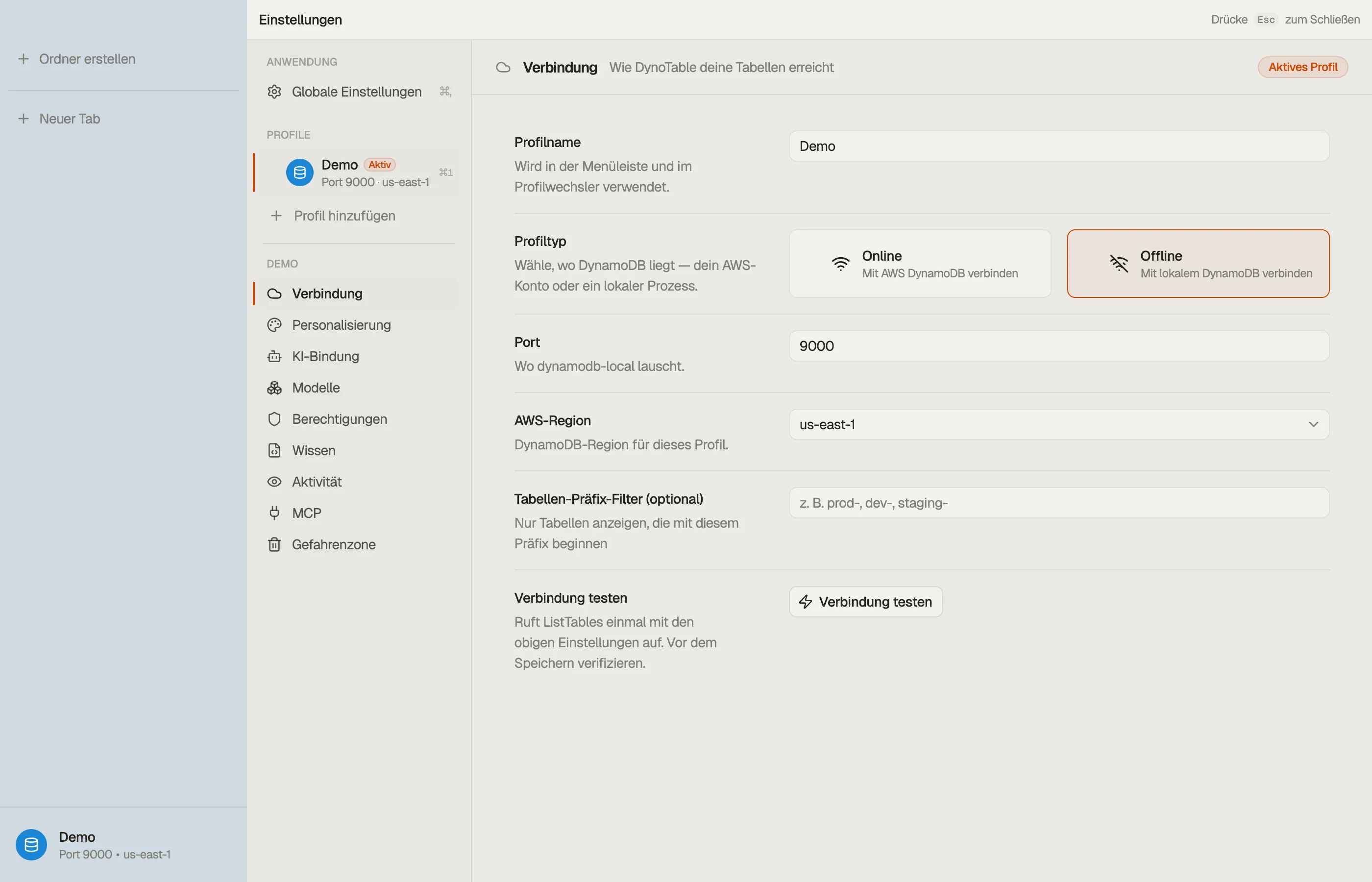Die Einstellungen eines Profils — der Abschnitt Verbindung, mit der Abschnittsleiste pro Profil links.