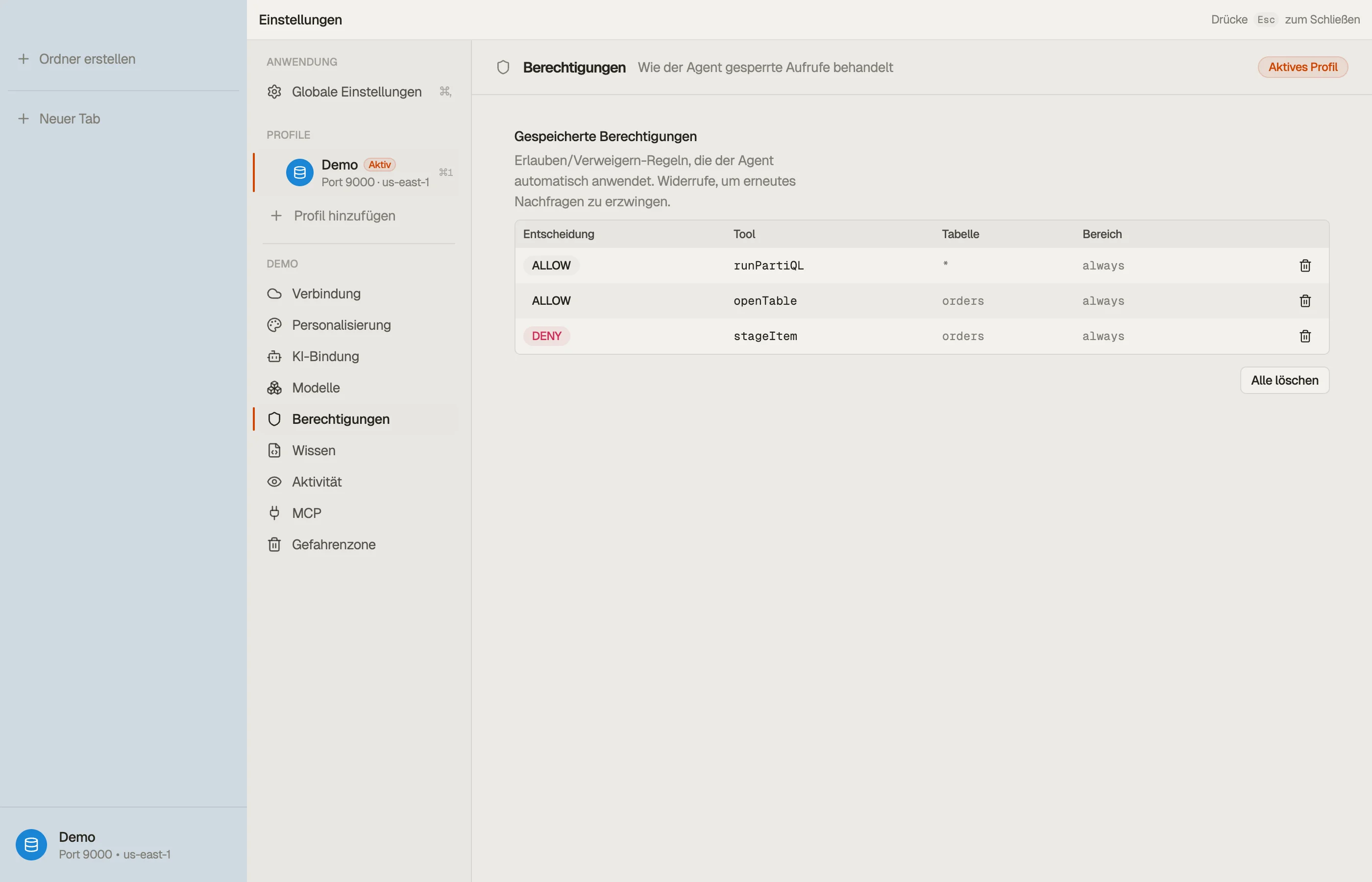 Berechtigungen — die Tabelle gespeicherter Erteilungen.
