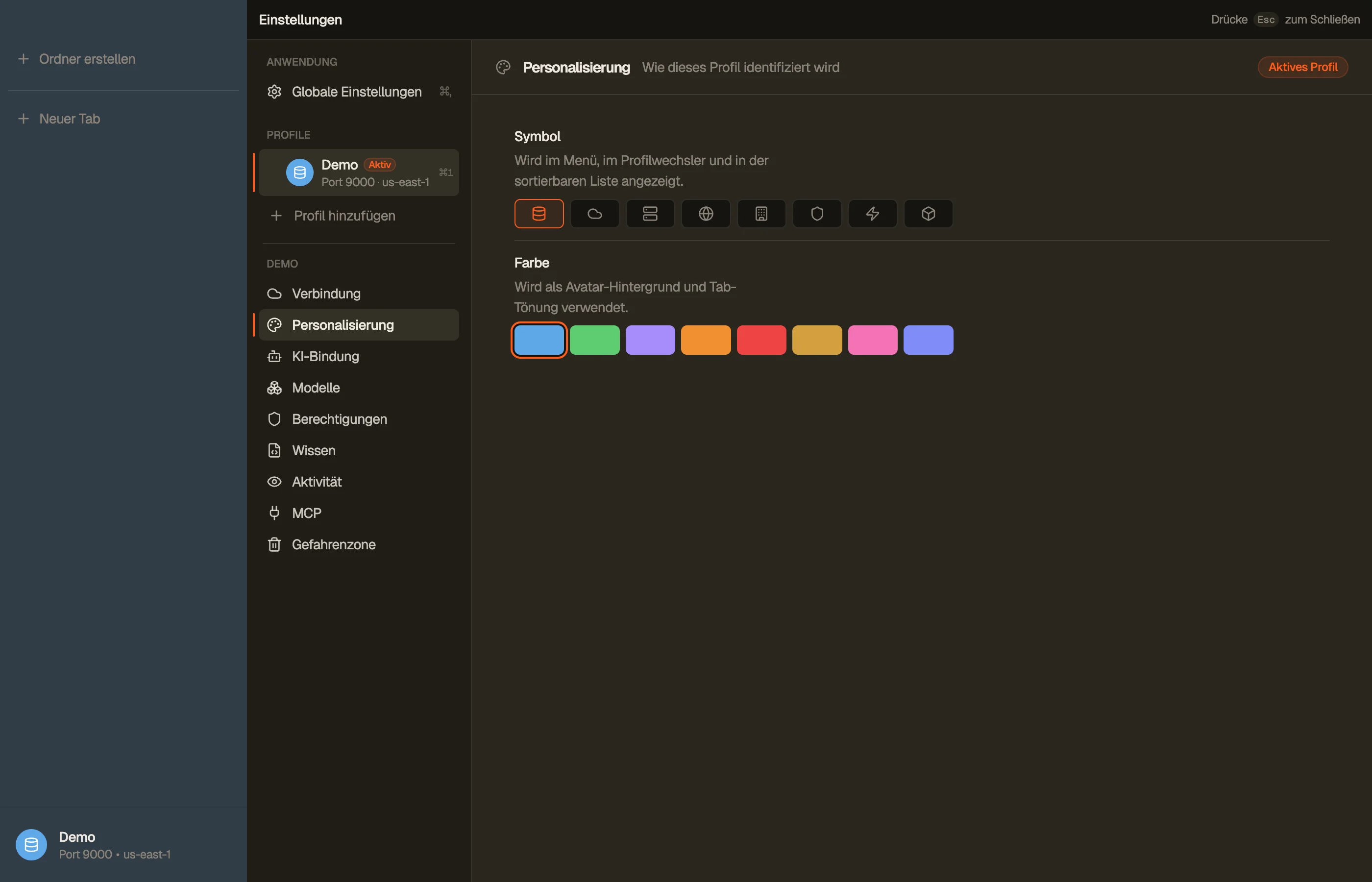 Personalisierung — die Farbe und das Symbol des Profils.