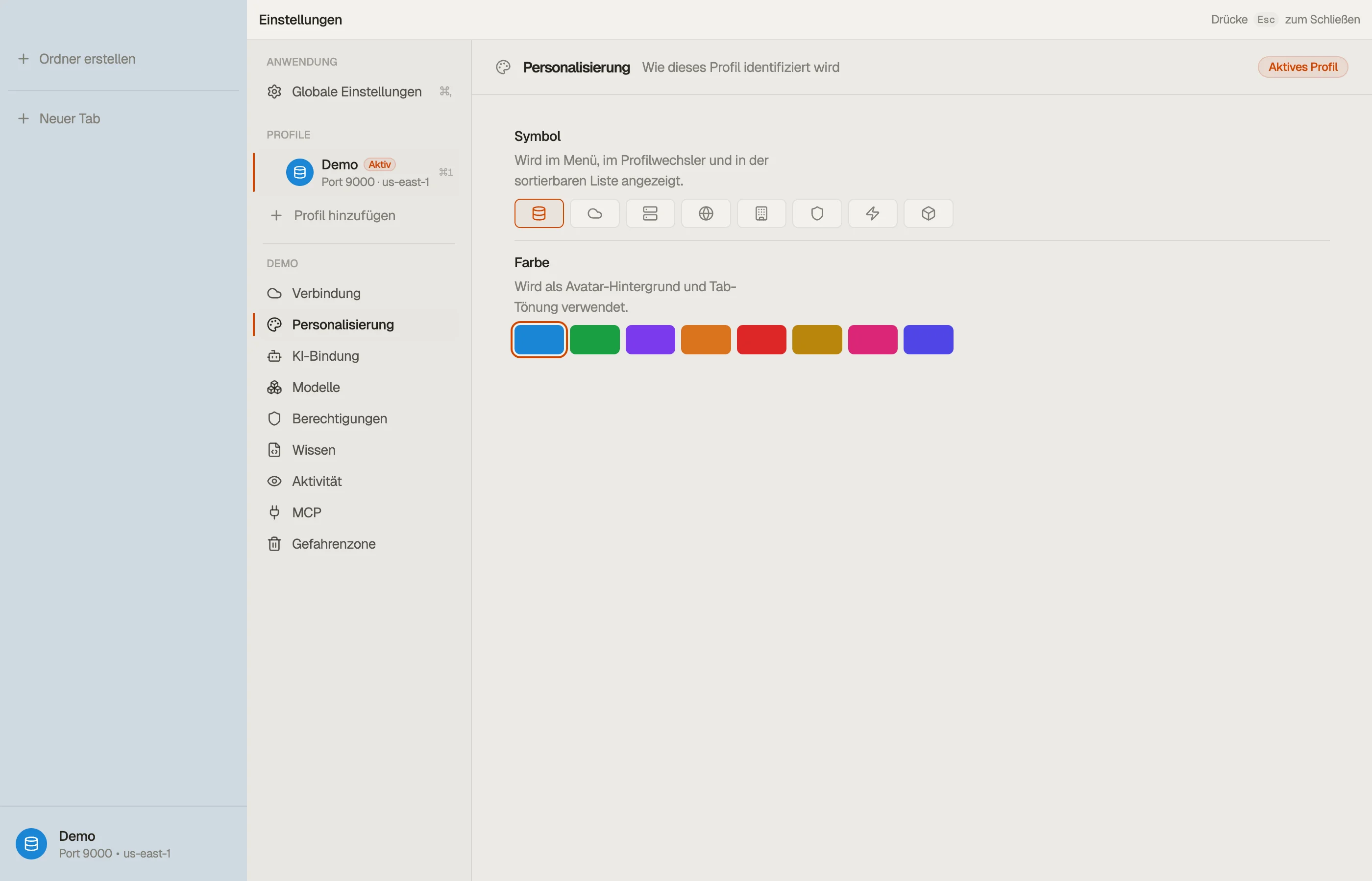 Personalisierung — die Farbe und das Symbol des Profils.