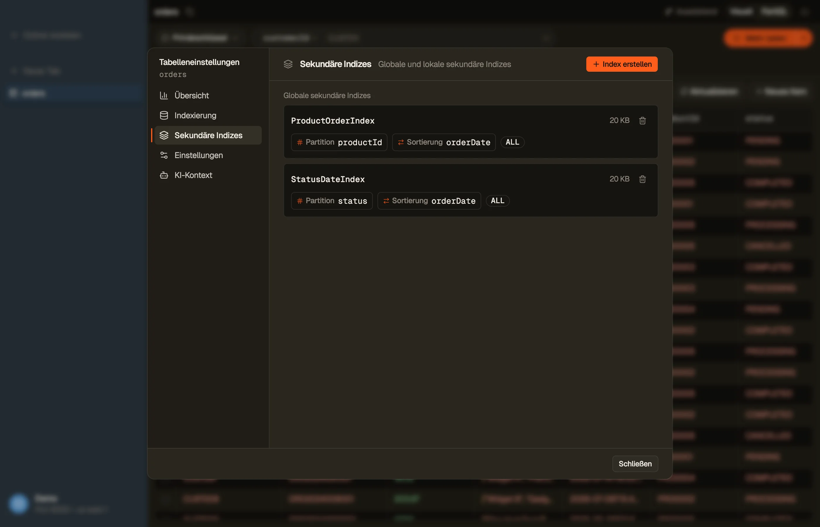 Der Bereich Sekundäre Indizes im Tabellen-Dialog von DynoTable, mit jedem globalen Sekundärindex und seinen Keys, seiner Projektion und Größe.