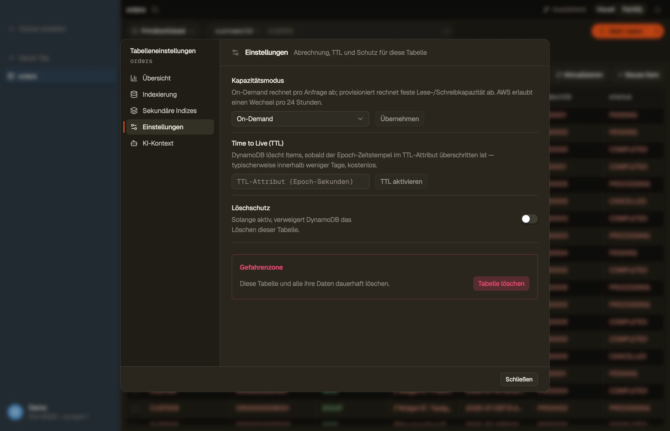 Der Bereich Einstellungen im Tabellen-Dialog von DynoTable: Kapazitätsmodus, Time to Live und Löschschutz.