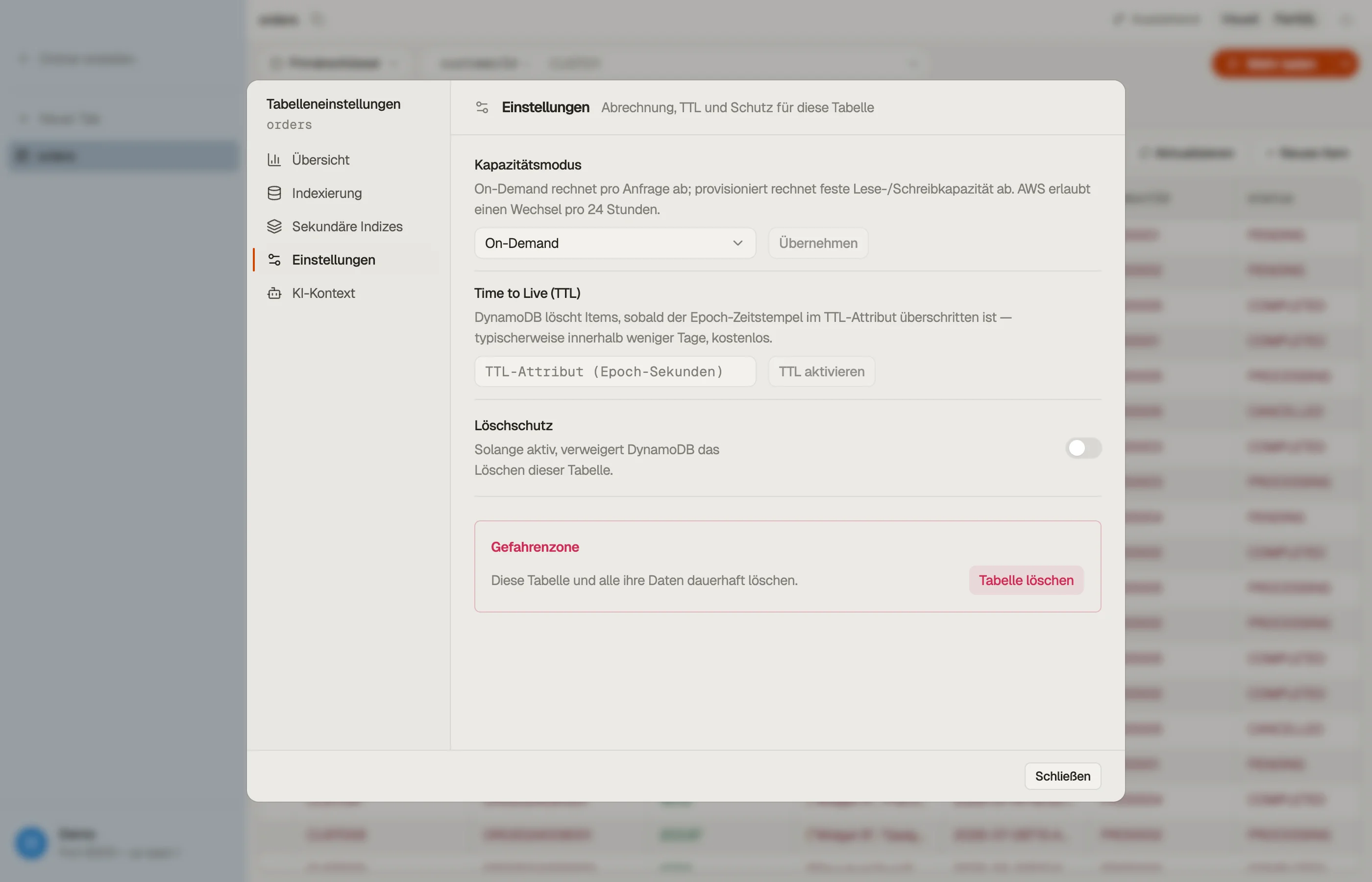 Der Bereich Einstellungen im Tabellen-Dialog von DynoTable: Kapazitätsmodus, Time to Live und Löschschutz.