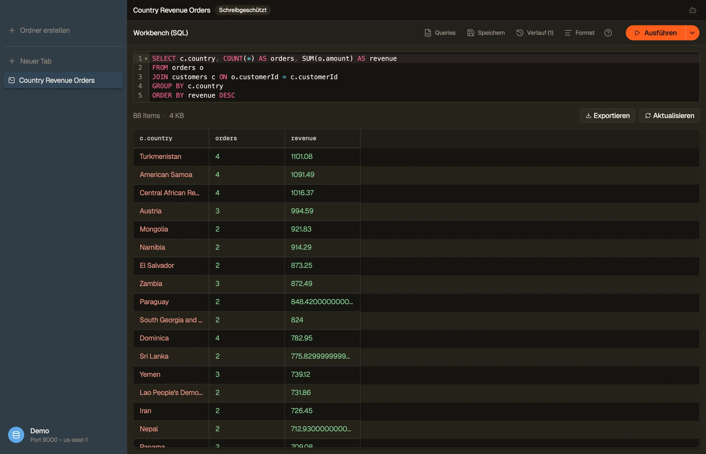 Die Workbench: ein Multi-Tabellen-SQL-JOIN, mit dem verknüpften Ergebnisraster darunter.