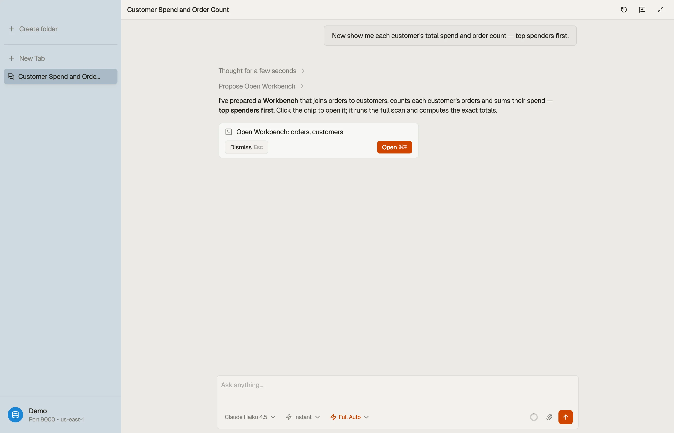 An open-Workbench chip — the agent proposed a SQL view (here a customers ⋈ orders join); clicking it opens the Workbench tab.
