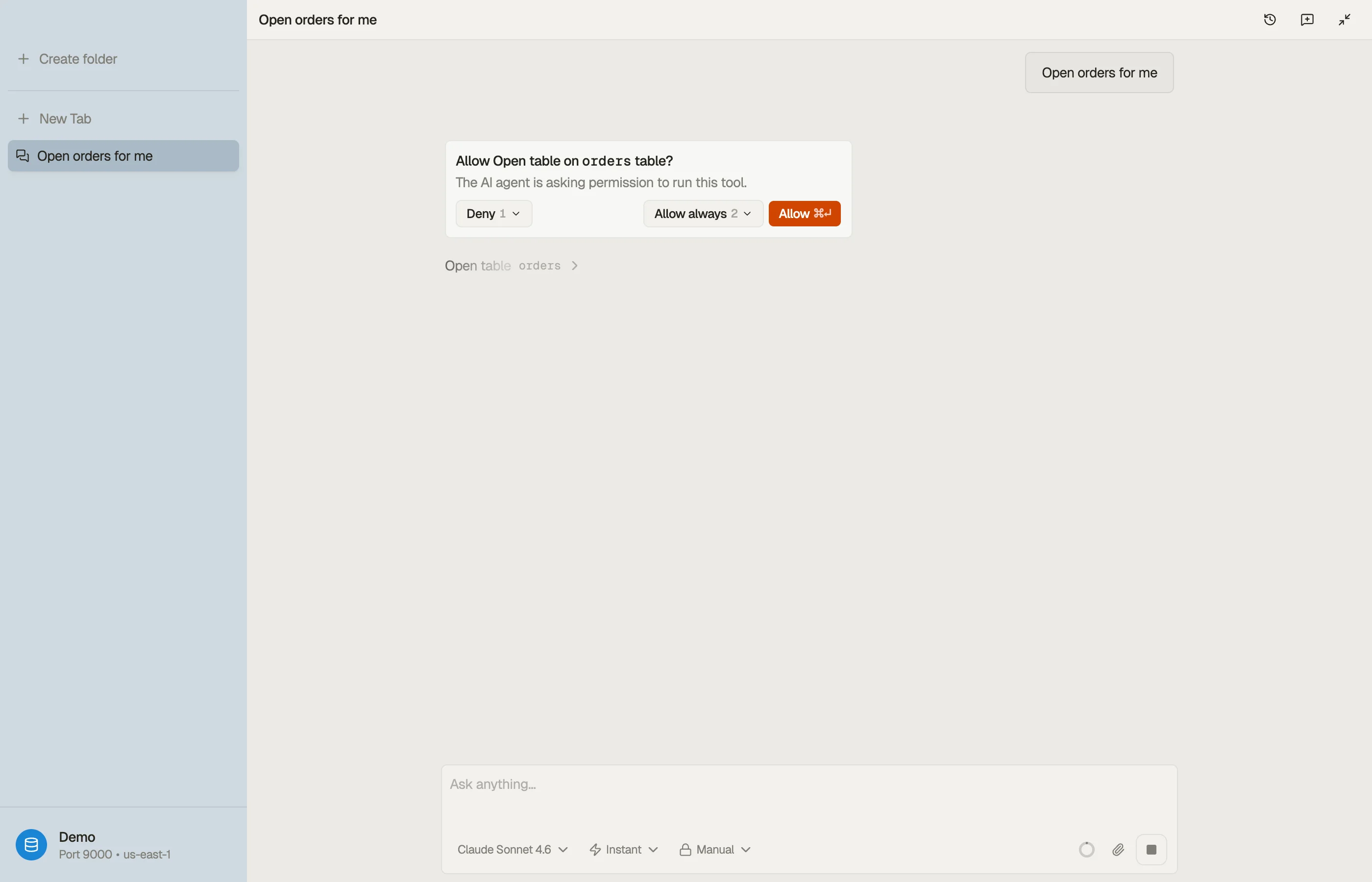 A permission prompt: the assistant asks before running a gated action against a table.