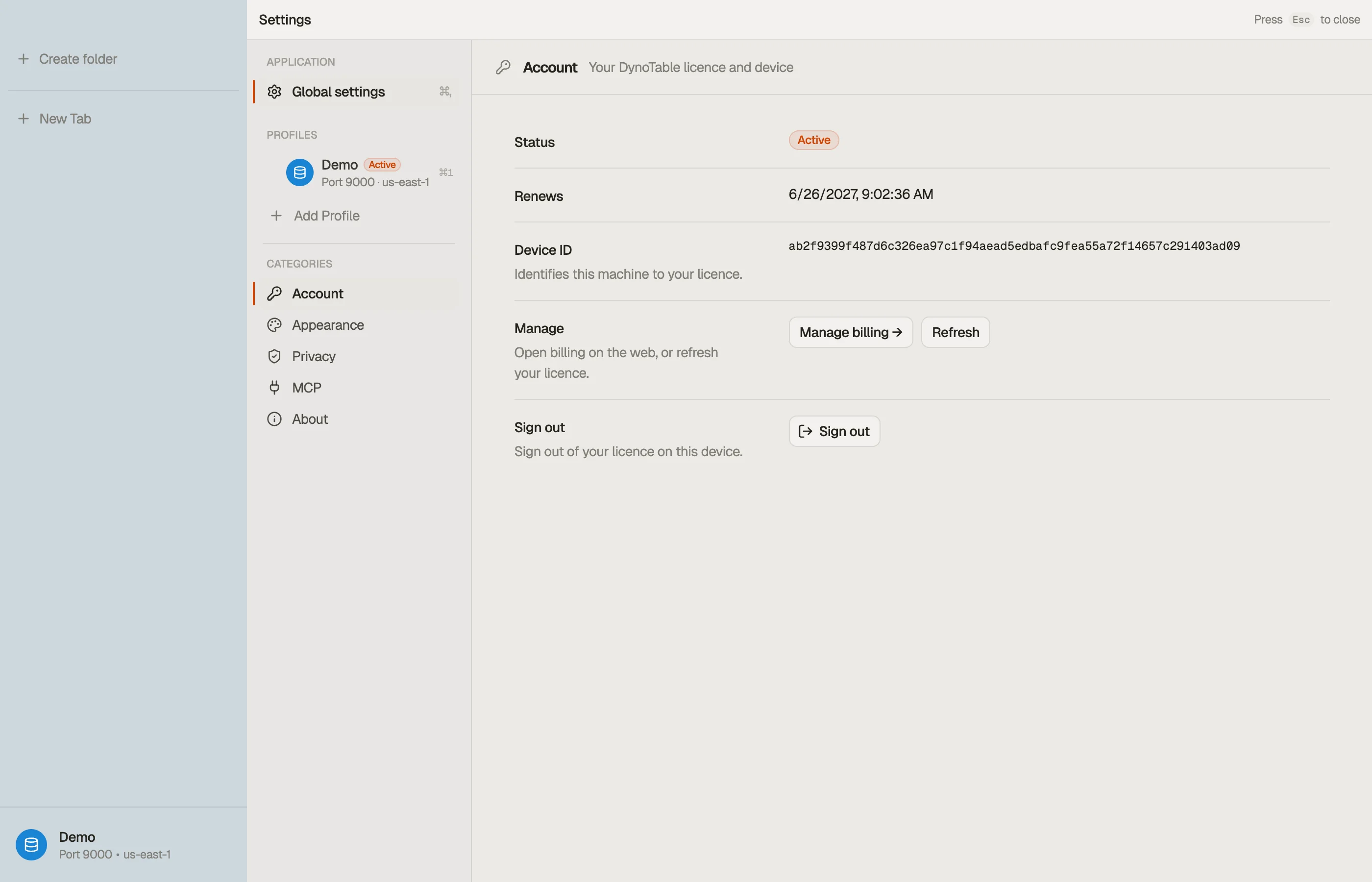 DynoTable's Account settings showing this machine's licence status, renewal date, and device ID.