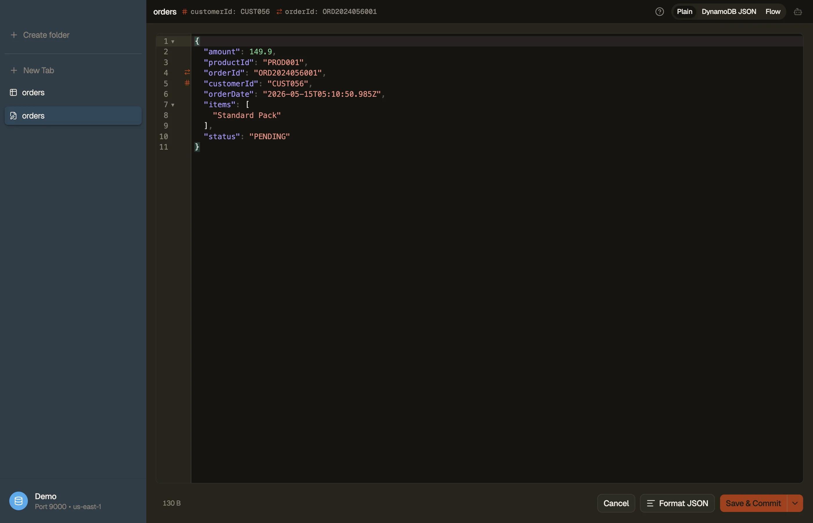 The item editor with the JSON buffer, mode toggle, and save controls.