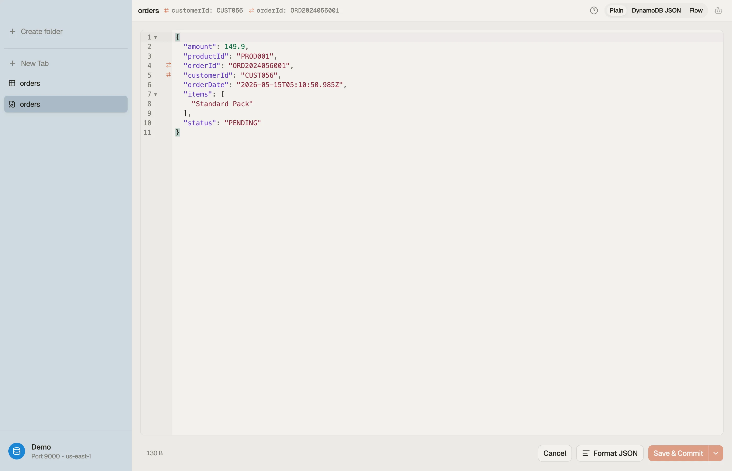 The item editor with the JSON buffer, mode toggle, and save controls.