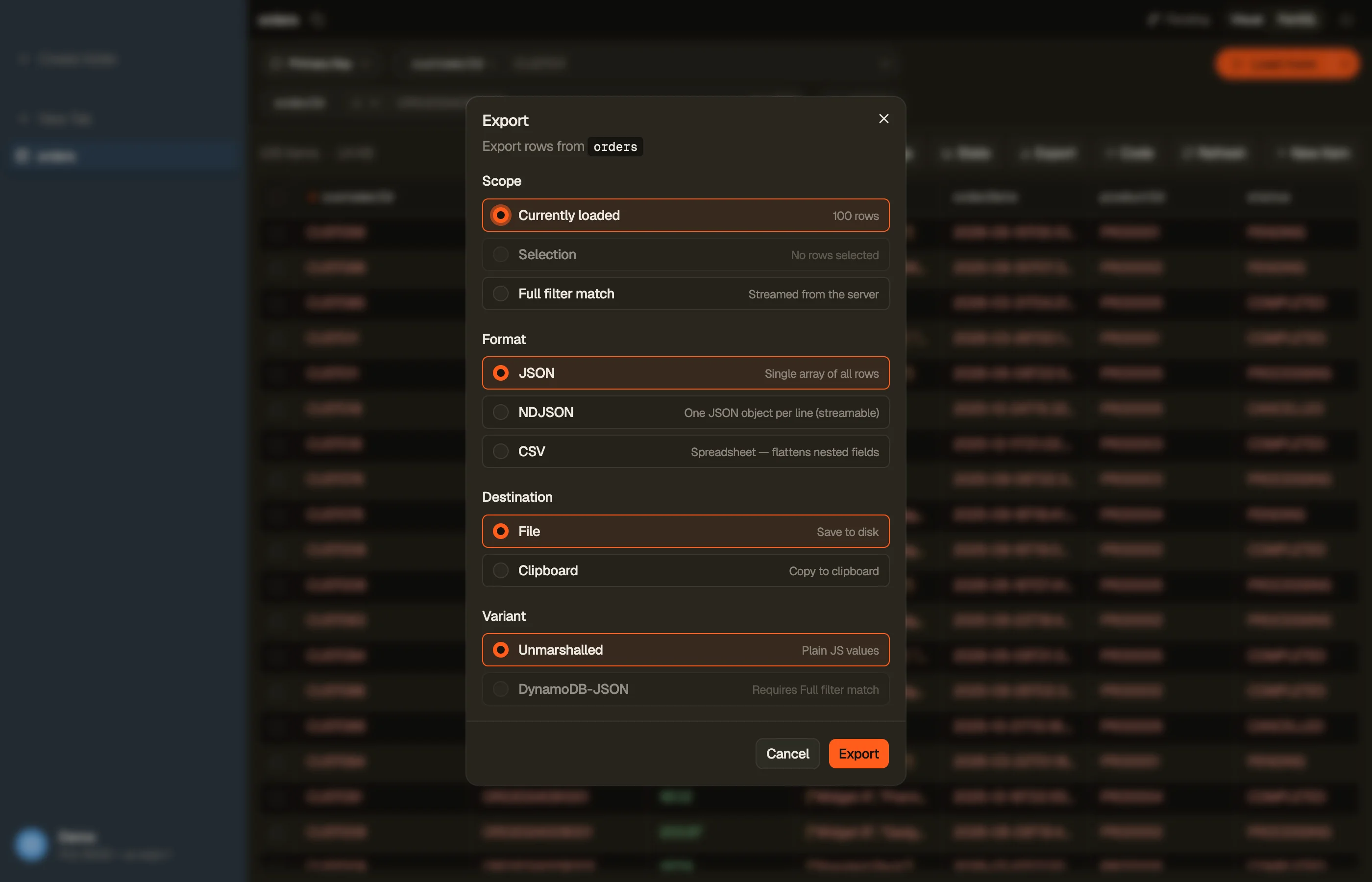 The export dialogue: format, scope, and destination.