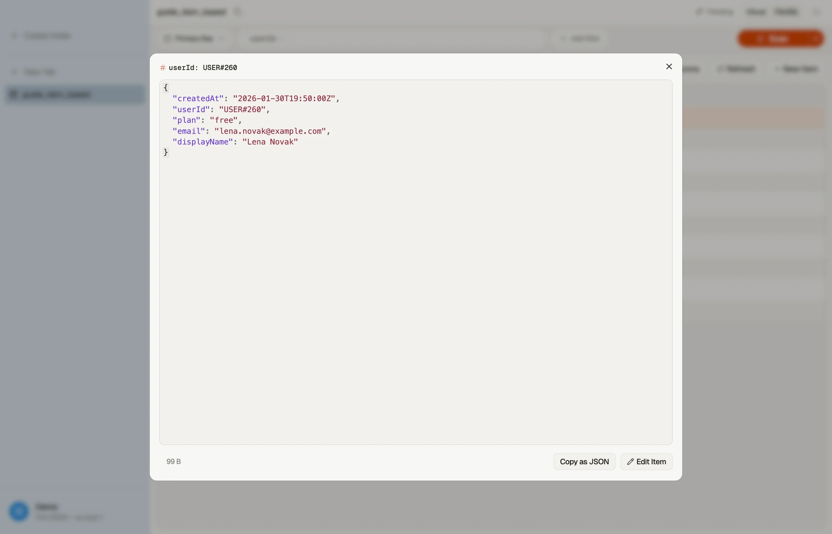 Reading a single item in DynoTable's Quick View, with Edit Item and Copy as JSON actions.